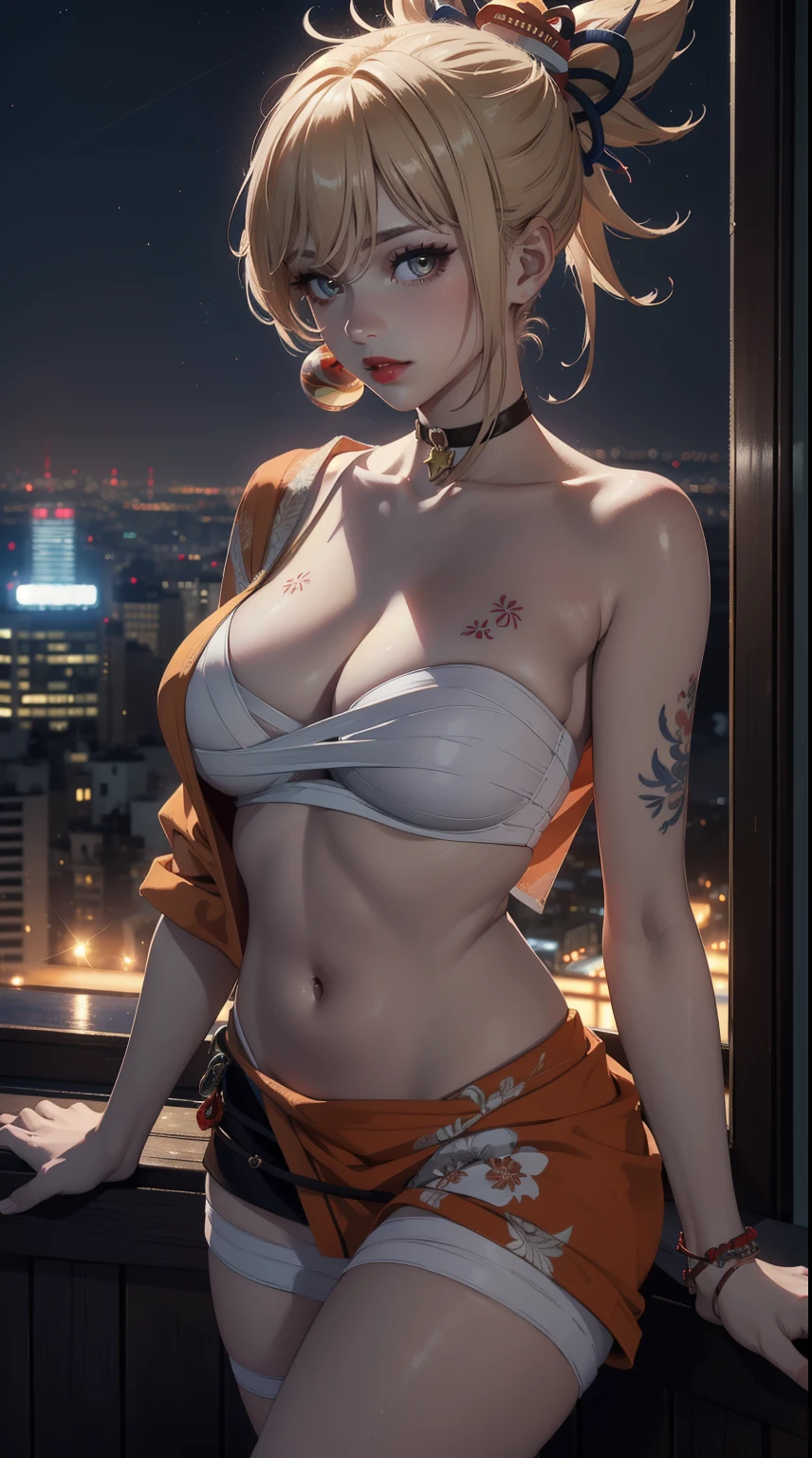 ((masterpiece)),(bestquality),((ultra-detailed)), ((beautiful detailed sky)), ((cinematic lighting)), depth of field, (dynamic angle),detailed lighting,(beautiful detailed eyes), ((night city view)),red lip, eyeshadow,large breast, ((sexy)), cleavage, navel, yoimiyadef, yoimiyarnd