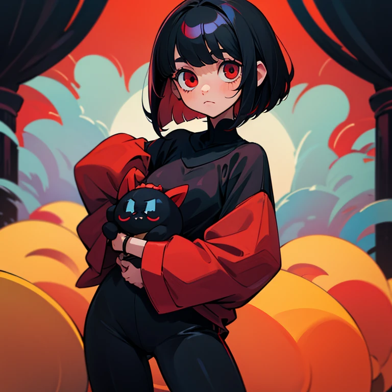A girl with short black hair,The expression is scared,Facial features,teardrop,A huge black cat,The cat wants to eat the girl,Left and right composition,Size contrast,Illustration style,Maintain uniformity
