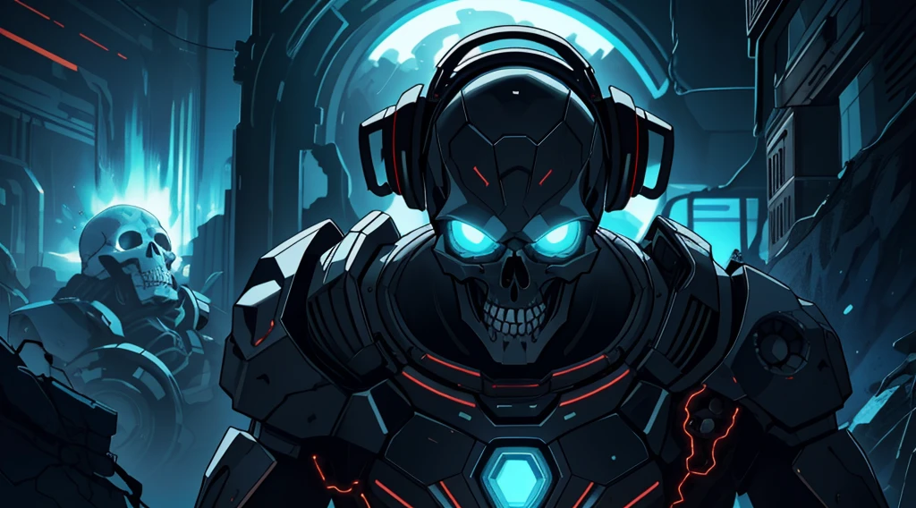 Close up portrait ((1 Mechanical Skull in Headphones)),(((Masterpiece))), ((Best Quality)), (Super Detail), (CG Illustration), (Very Evil and Beautiful)), Cinematic Light, Single, (Mechanical Art: 1.4),expressionless, ( Science Fiction,Horror, Apocalypse, Ruins, , Cruelty, Absurdity, , Fusion with Machines, Doomsday Time, Super Future, Inorganic, Laboratory, Restraint, ), Vibrant color scheme