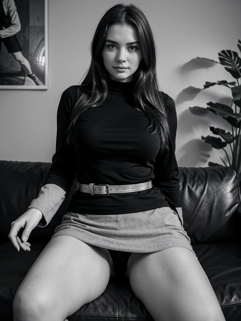 Full body portrait photography. hasselblad, 1960er Jahre, monochrom. Carl Zeiss Sonnar 150mm f/4, Umgebungslicht. Hohe Detailgenauigkeit. Filmische Beleuchtung. Auf ArtStation im Trend. A beautiful woman with soft hair, Auf einem Sofa sitzen.