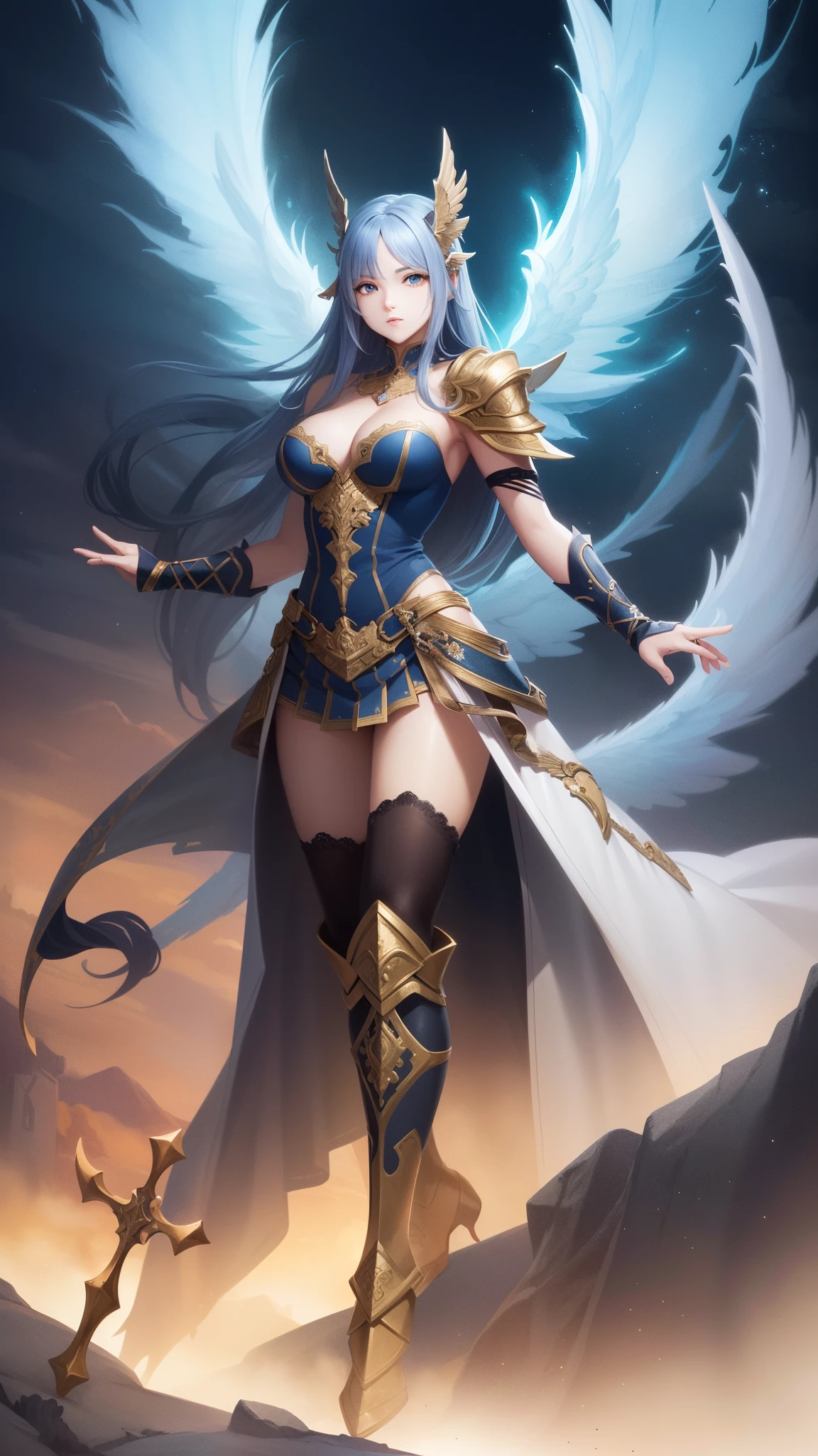 A woman with wings on her body is standing in the sky。, detailed digital 2d fantasy art, epic fantasy character art, 2. 5 d cgi anime fantasy artwork, high quality fantasy art, Fantasyart, epic fantasy digital art style, digital fantasy art ), digital 2d fantasy art, as a mystical valkyrie, detailed fantasy art, stunning cgsociety