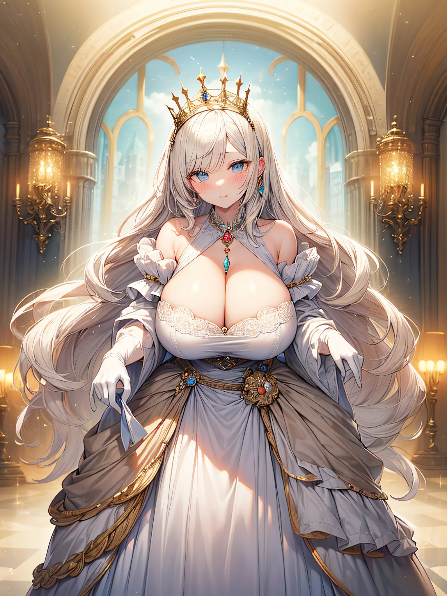 anime artstyle,Masterpiece,(Best Quality), (Super Detail),(Very Delicate and Beautiful),(Solo),((full body portrait)),full body,full body portrait,(detailed face and eyes),jewel-like beautiful eyes,(absolutely gorgeous ruffled rococo ballgown dress decorated with jewels),((milf)),((1 queen in a beautiful embroidery and jeweled absolutely gorgeous rococo ballgown dress with voluminous full length hoop skirt)),((Crinoline)),super detailed absolutely gorgeous rococo ballgown dress with frilled voluminous full length hoop skirt,((large amount of straight hair,extremely voluminous Very Long straight Hair,Absolutely Long Straight Hair)),(gigantic boobs),cleavage,(fantasy castle,outdoors,outside the castle),long_gloves,extremely gorgeousfull hair ornament,bling-bling extremely gorgeousfull jeweled tiara,((luxurious glitter jewelry)),full body portrait
