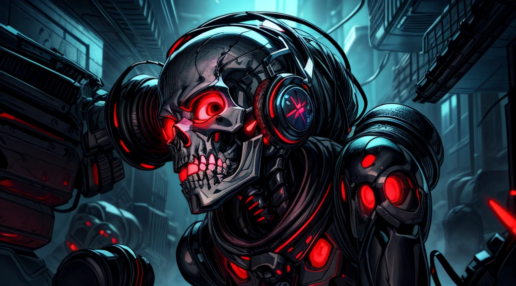 a close up of a person with a skull head and a helmet, cyberpunk skeleton, portrait of a cyber skeleton, cyberpunk art style, dark cyberpunk illustration, bright cyberpunk glow, cyberpunk artstyle, cyberpunk vibrant colors, cyberpunk knight, cyberpunk digital art, cyberpunk dude, cyberpunk themed art, digital artwork 4 k, cyberpunk digital painting, cyber skeleton, dark synthwave, cyberpunk illustration