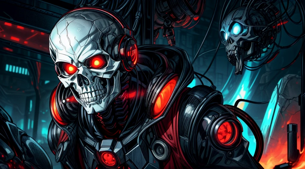Close up portrait ((1 Mechanical Skull in Headphones)),(((Masterpiece))), ((Best Quality)), (Super Detail), (CG Illustration), (Very Evil and Beautiful)), Cinematic Light, Single, (Mechanical Art: 1.4),expressionless, ( Science Fiction,Horror, Apocalypse, Ruins, , Cruelty, Absurdity, , Fusion with Machines, Doomsday Time, Super Future, Inorganic, Laboratory, Restraint, ), Vibrant color scheme