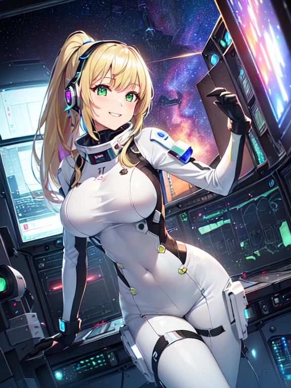 ​masterpiece:1.4, 1girl in ((20yr old, Dressed in a tight futuristic bodysuit in white and silver, long boots, huge-breasted, Multicolored blonde hair, twin ponytail, Perfect model body, Green eyes:1.4, Wearing headphones, Flirting, Happy, Big smile, Looking out the window of the futuristic sci-fi space station、While admiring the beautiful galaxy:1.2, SFSF control room on night background:1.1, Neon and energetic atmosphere:1.2)) ((Galaxy)) ((Solo:1.6))