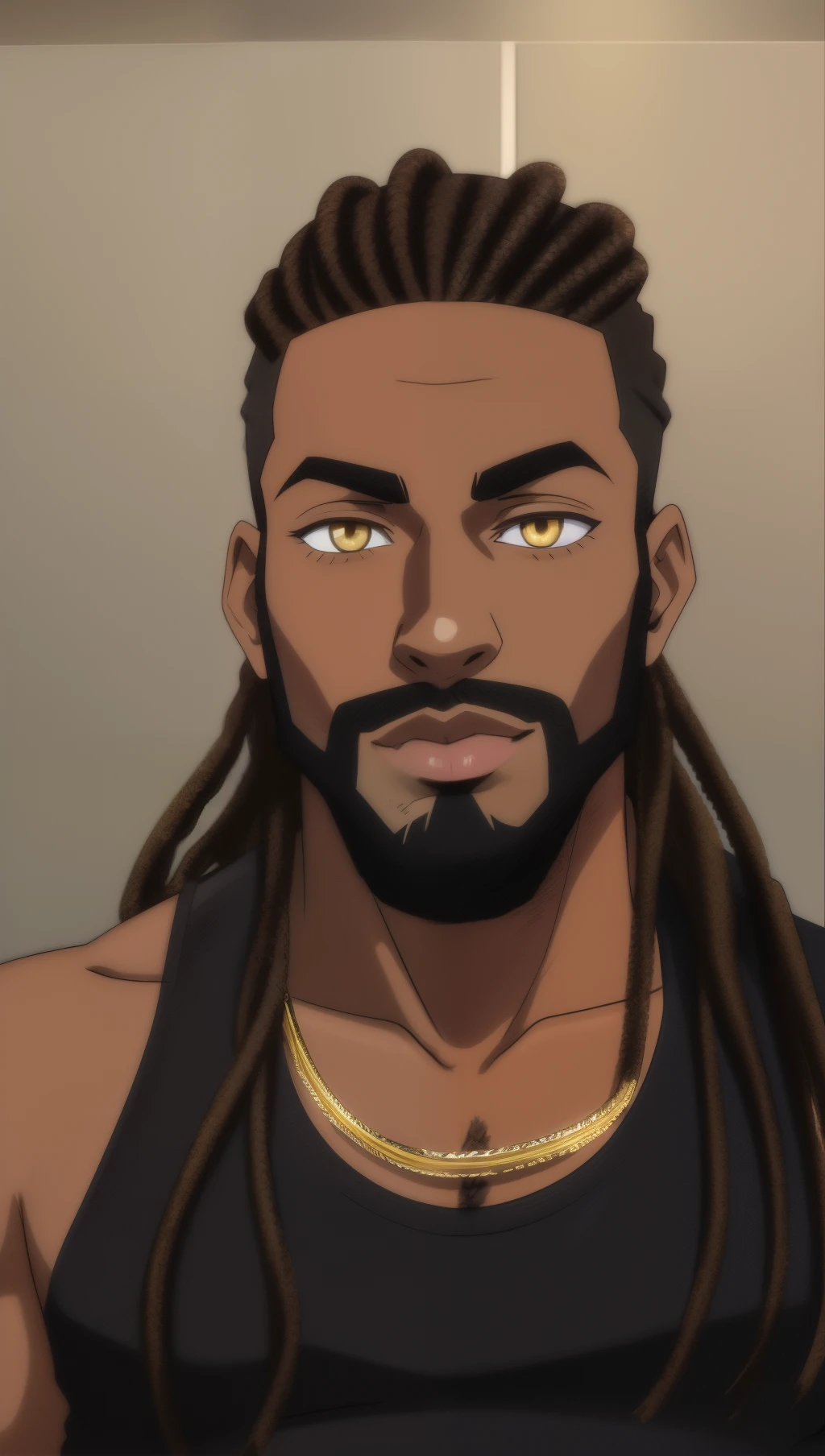 there is a black man with dreads and a beard with a black shirt, portrait, gold eye color. anime style. very dark espresso color skin. wide nose, big lips