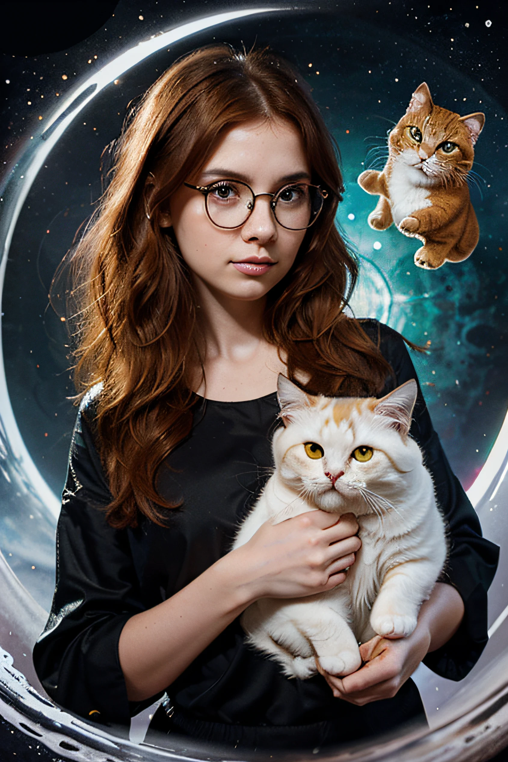 intelligent, cute ginger-haired girl with round glasses, holding up a persian cat, dynamic pose, detailed ink, liquid ink, paint dripping, detailed face, best quality, ultra highly detailed, tiny details, beautiful details, mystical, luminism, vibrant colors, complex background,, sticker, 2d cute, fantasy, dreamy, vector illustration, 2d flat, centered, by Tim Burton, professional, sleek, modern, minimalist, graphic, line art, vector graphics