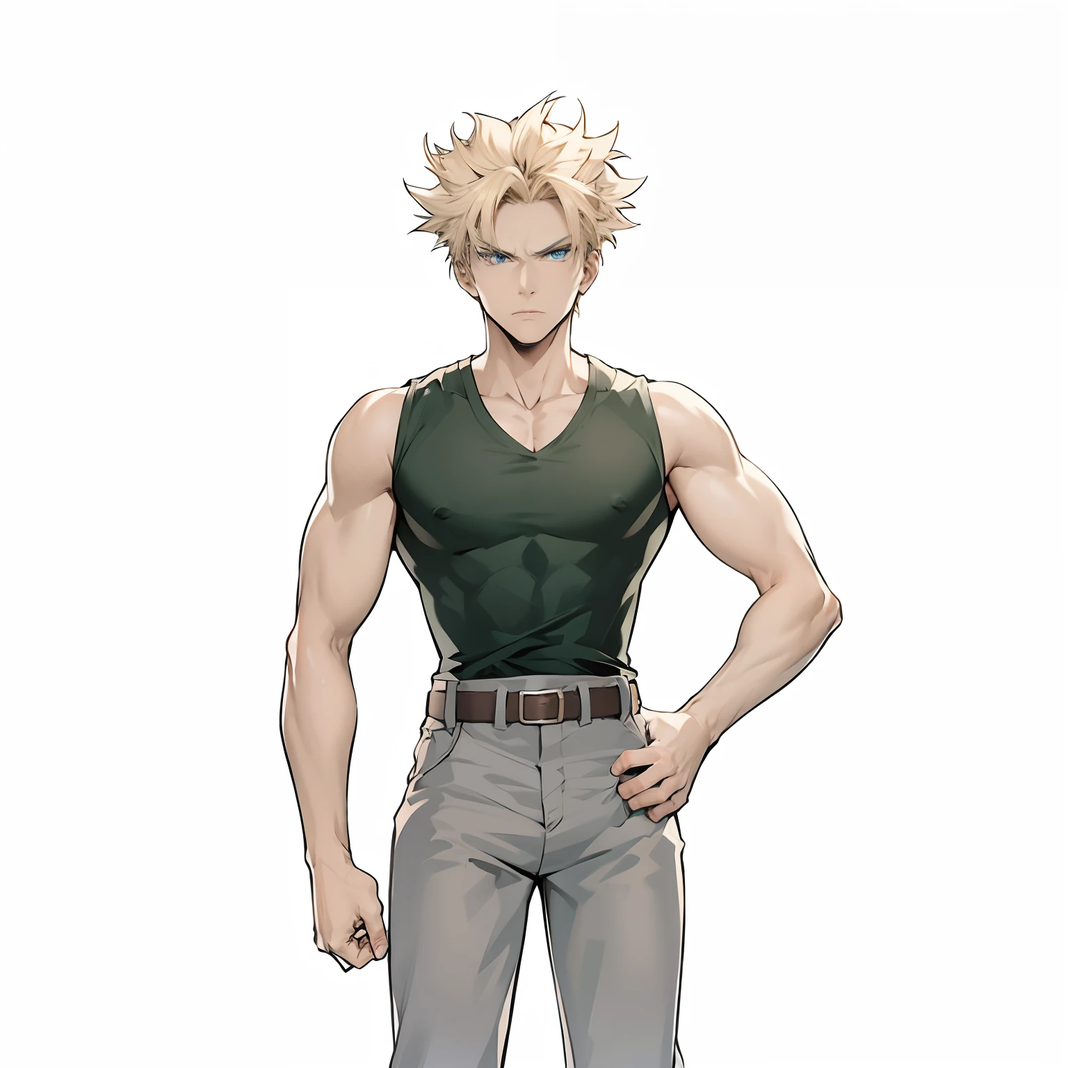 Young man, wearing a black shirt, blond hair, blue eyes, black pants, serious face, 4k, anime, masterpiece, muscular, boku no hero