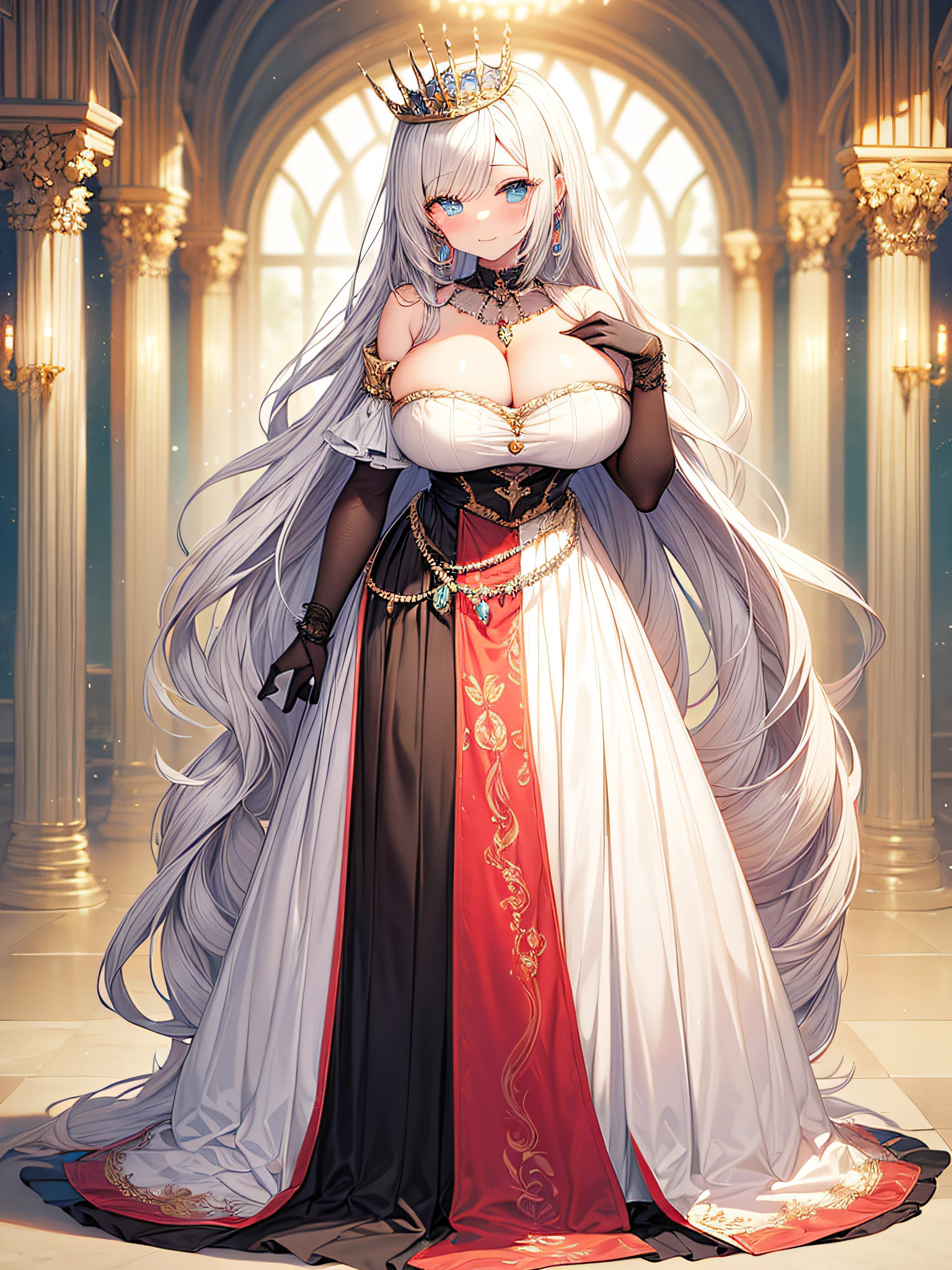 anime artstyle,Masterpiece,(Best Quality), (Super Detail),(Very Delicate and Beautiful),(Solo),((full body portrait)),full body,full body portrait,(detailed face and eyes),jewel-like beautiful eyes,(absolutely gorgeous ruffled rococo ballgown dress decorated with jewels),(((milf,queen,adult woman))),((1 queen in a beautiful embroidery and jeweled absolutely gorgeous rococo ballgown dress with voluminous full length hoop skirt)),((Crinoline)),super detailed absolutely gorgeous rococo ballgown dress with frilled voluminous full length hoop skirt,((large amount of straight hair,extremely voluminous Very Long straight Hair,Absolutely Long Straight Hair)),(gigantic boobs),cleavage,(fantasy castle,outdoors,outside the castle),long_gloves,extremely gorgeousfull jeweled hair ornament,bling-bling extremely gorgeousfull jeweled tiara,((luxurious jewelry)),full body portrait