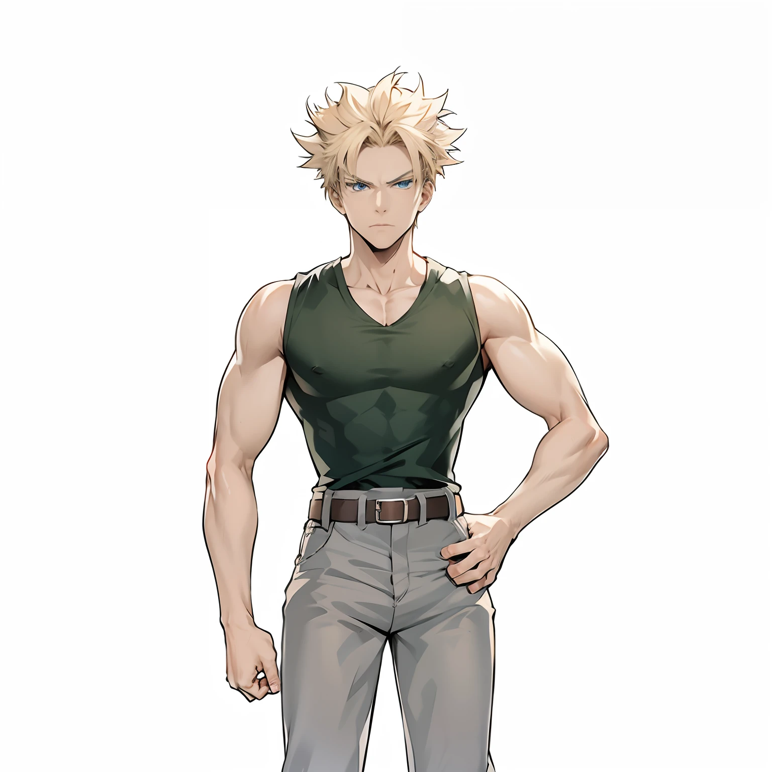Young man, wearing a black shirt, blond hair, blue eyes, black pants, serious face, 4k, anime, masterpiece, muscular, boku no hero