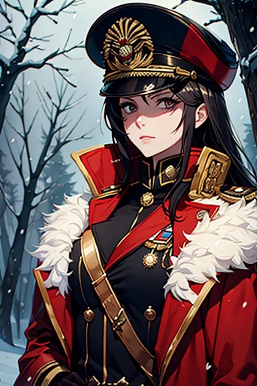 warhammer_40k_commissar, woman, black uniform, ((snowstorm)) forest, red sash, ((old, wrinkles, eyebags)) AS-Elderly,