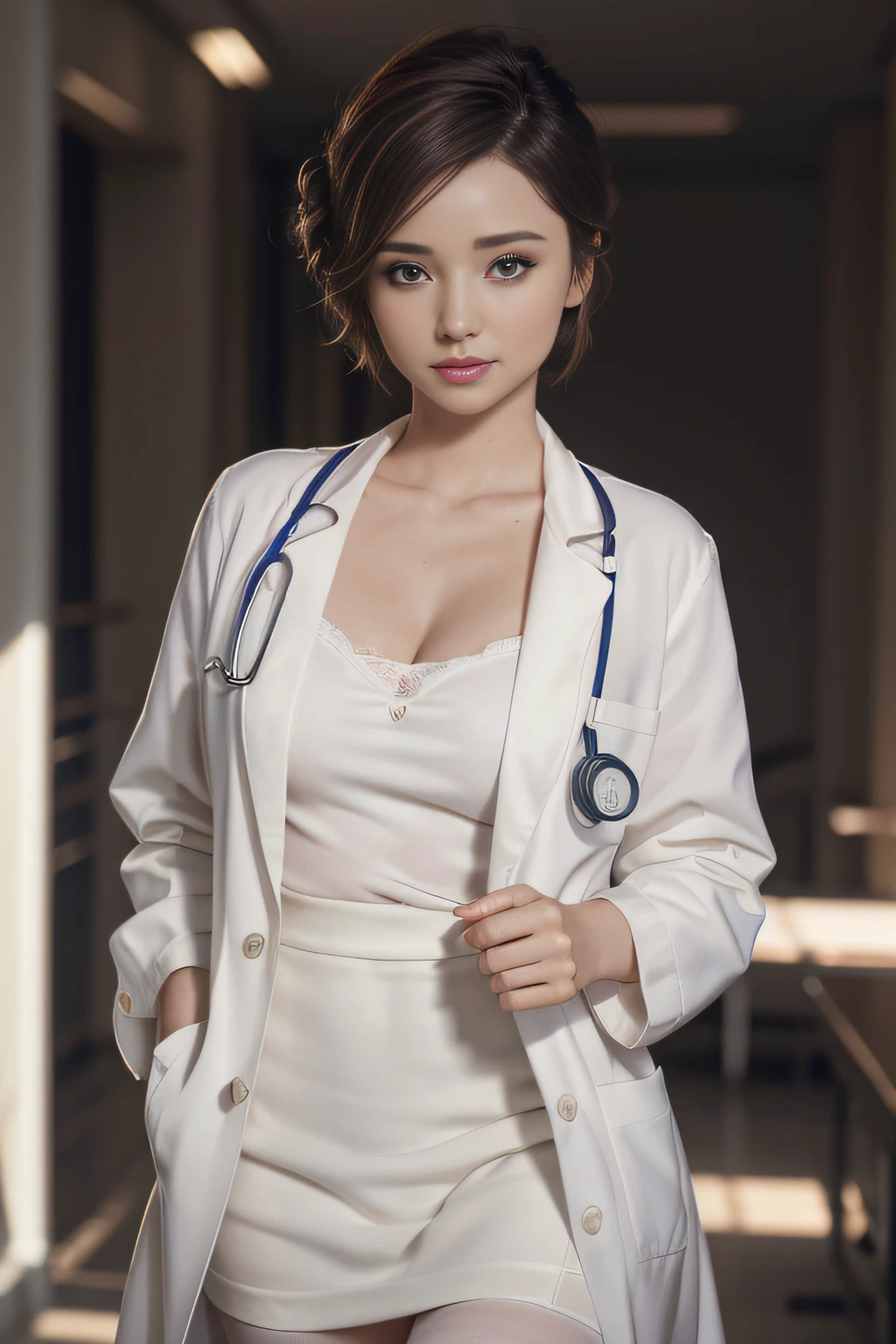 Photorealistic beautiful doctor, stunningly beautiful, doctors white coat, Doctor Fashion, (top-quality, 8K, 32K, masterpiece, raw photo), ultra high resolution, (Photorealsitic:1.4), Detailed face, see through:0.9, Beautiful hair, ((Doctor Style)), , tight skirts, cleavage, pantyhose, Natural makeup, large full breasts, inside hospital, Detailed background, Perfect Lighting, depth of fields, Beautiful shadow gradient, stethoscope, documents, updo, shorthair