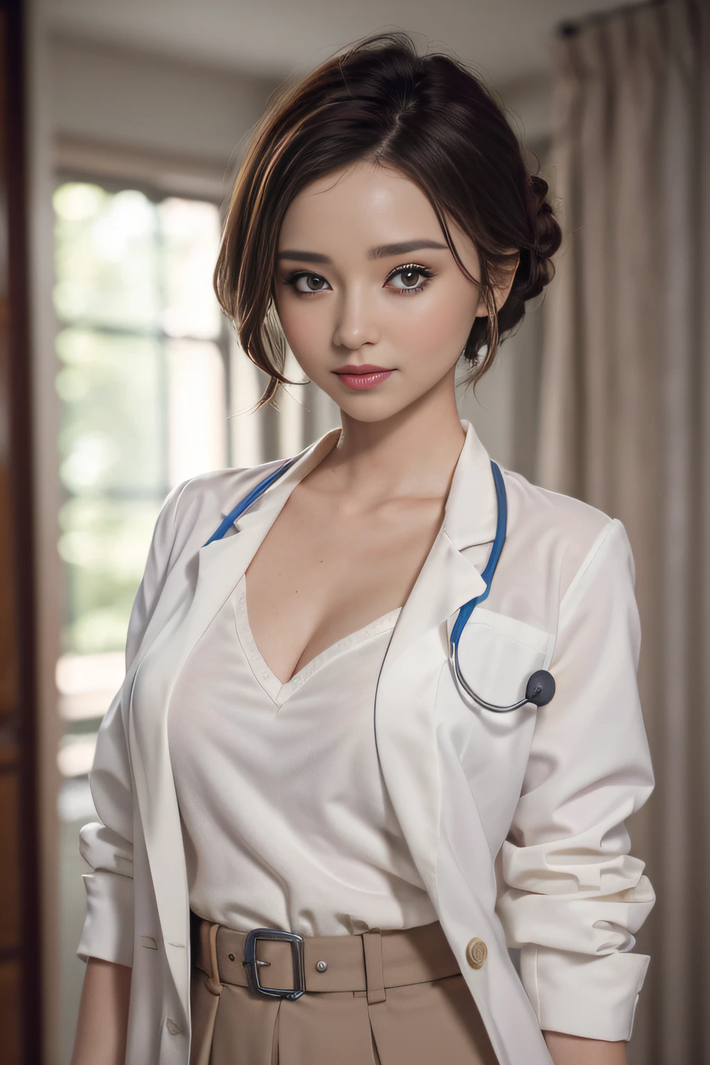 Photorealistic beautiful doctor, stunningly beautiful, doctors white coat, Doctor Fashion, (top-quality, 8K, 32K, ​masterpiece, raw photo), ultra high resolution, (Photorealsitic:1.4), Detailed face, see through:0.9, Beautiful hair, ((Doctor Style)), , tight skirts, cleavage, pantyhose, Natural makeup, large full breasts, inside hospital, Detailed background, Perfect Lighting, depth of fields, Beautiful shadow gradient, stethoscope, documents, updo, shorthair