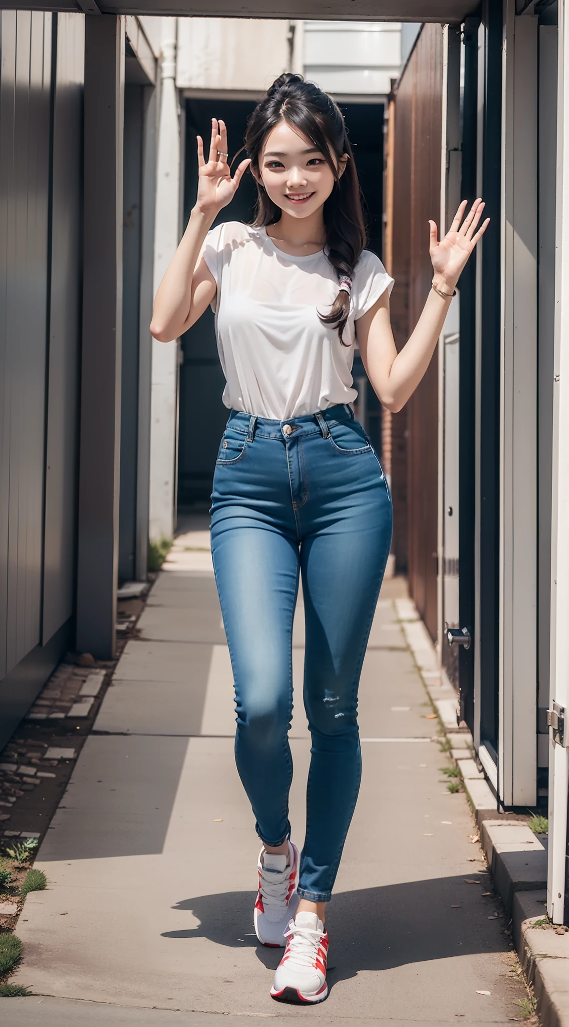 Fullbody view of a girl (bright color skin, 150cm, normal body build, 24 years old), wear short jeans jumpsuit, wear track shoes, stand inside garage, smile to viewer, waving to viewer