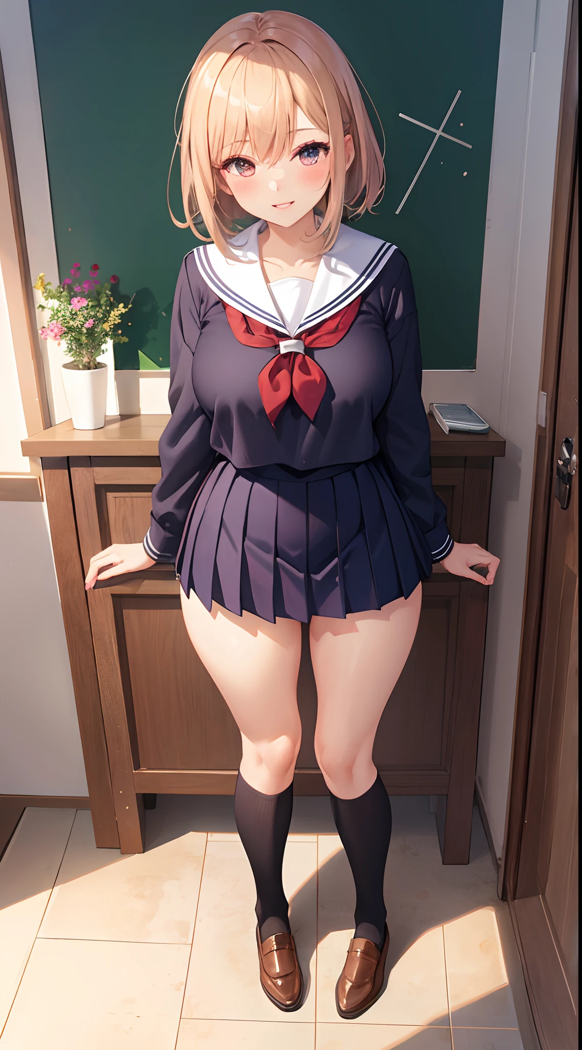 1girl in, Parted lips, blush, makeup, lightsmile, School uniform, Full body, Wide Angle, From  above, crass room, llight rays, Glow, thighs thighs thighs thighs, 鎖骨, Narrow waist, (masutepiece), Wallpaper,Wet body、Micro lingerie that can be seen even over clothes