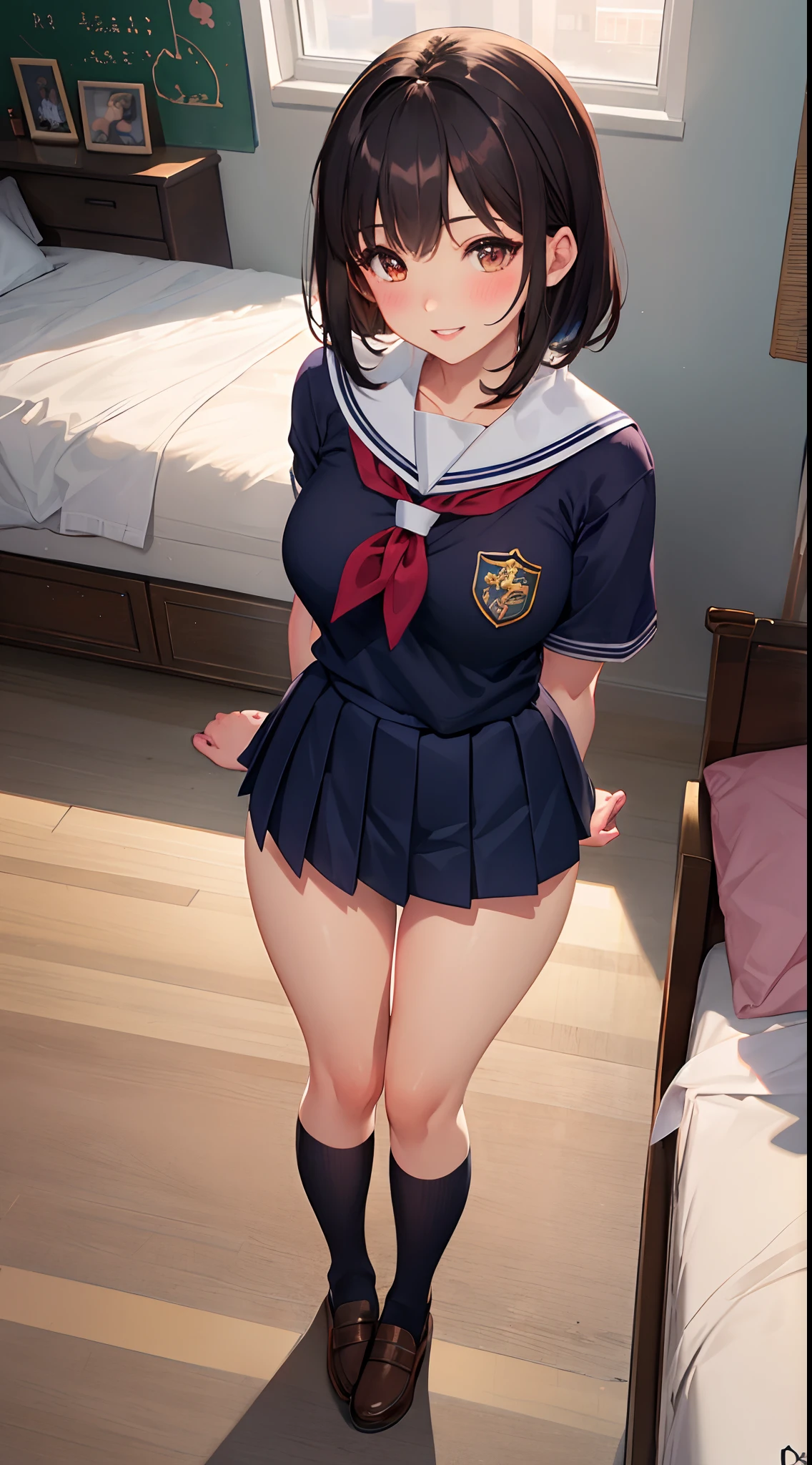 nsfw,(((Perfect Anatomy, Anatomically correct, Very detailedな肌))), 1 girl, Japanese, high School girl, Shiny skin, Observe your audience, ((Back view, From below)), 
Beautiful Hair, Beautiful Face, Beautiful fine details, (short hair:1.1, Bobcut:1.2), Dark blonde hair:1, blue eyes, , Mole under the eye, 
Beautiful clavicle, Beautiful body, Beautiful breasts, Big Breasts:0.5, Beautiful thighs, Beautiful feet, Camel Toe, 
((Short sleeve, Cute sailor uniform, all in dark blue, Dark blue pleated skirt, Navy blue sailor color, Sailor scarf, socks, Brown Loafers)), Captivating thighs, (Red Slave Collar), 
((Embarrassing, Scared, sad, tears, cry, Half-open mouth)), Are standing, (((Leaning forward), Take off, Raise one leg, Pull on white panties)), 
(Beautiful views), summer, School, locker room, 
8k, highest quality, Masterpiece​:1.2, Very detailed), (Realistic), Beautiful illustrations, Natural light, whole body,