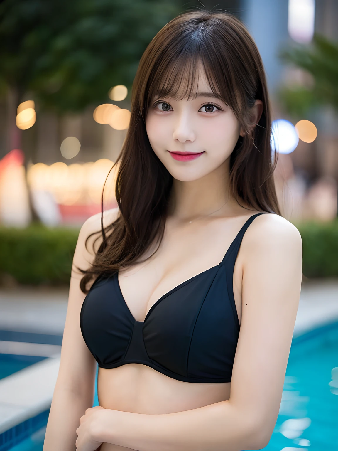 masutepiece, Best Quality, Illustration, Ultra-detailed, finely detail, hight resolution, 8K Wallpaper, Perfect dynamic composition, Beautiful detailed eyes, Wearing a black bikini swimsuit,Medium Hair,Natural Color Lip, Bold sexy poses,Smile,Harajuku、20 years girl、Cute、Sexy shot looking at camera、C Cup、Brown hair、Castess-like face、Blurry night pool background