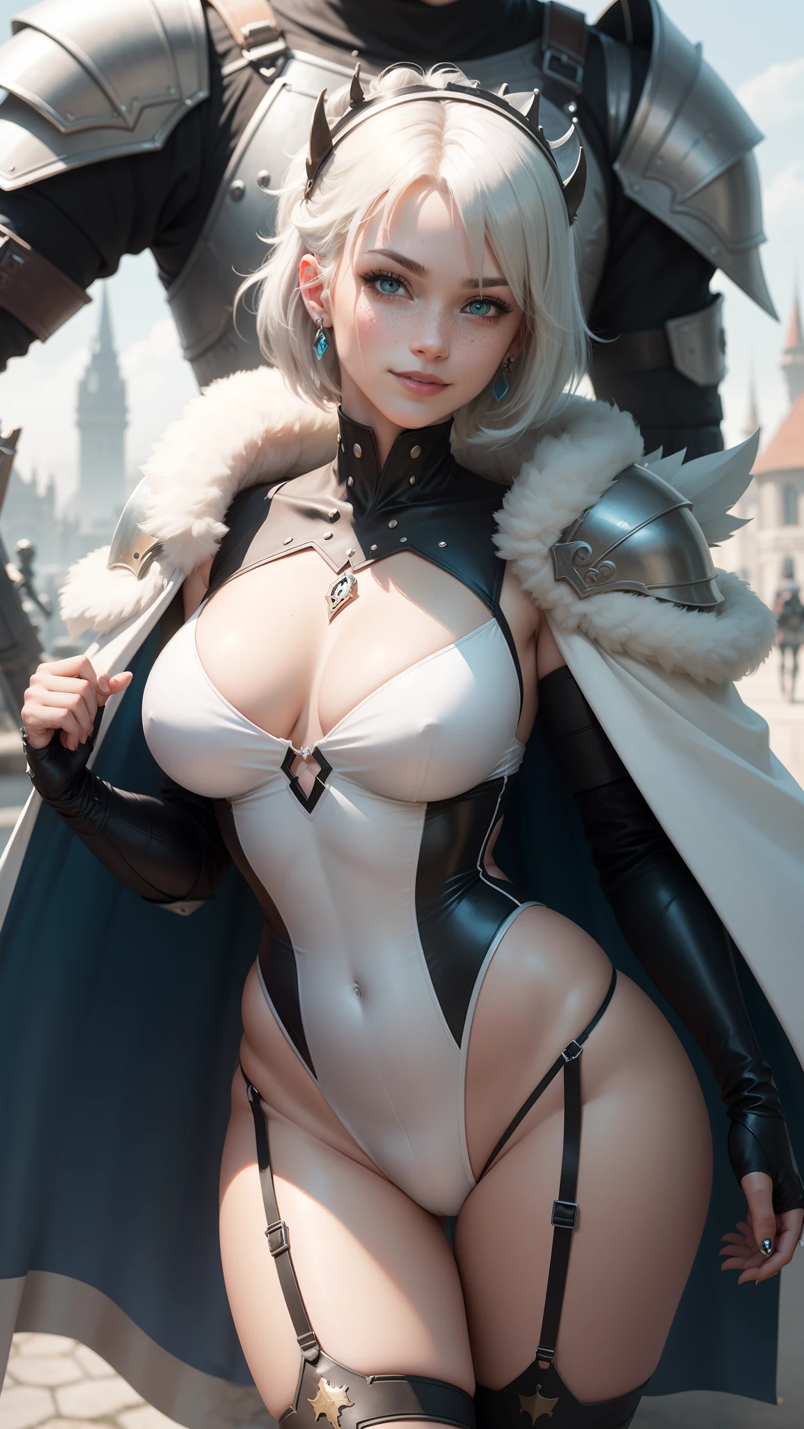 gwen tennyson,mordred,bowsette,yorha 2b,tracer,nier automata,atelier ryza,close up,mech pilot,winter castle,tattoos,blue and pink plugsuit,white short sleeve lycra top,white lycra leotard,knight corset,garter belt,short hair,punk makeup,green glowing eyes,multicolored silver hair,sexy smile, freckles,beautiful girl,large breasts, 8k,ultra detailed,realistic,fantasy art,fur armor,steel armor,white and blue royal knight,knight coat,fur cape,ear piercings,saiyan female,head and neck jewelry,walking,