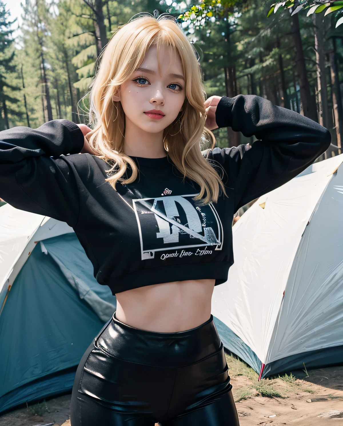 1girl, (Blue eyes), (Smile), (Sana Minatozaki), wide hips, Big Boobs, big ass, round butt, (Best Quality, 8k, Masterpiece: 1.3), perfect hands, Clear Focus: 1.2, Perfect Body Beauty: 1.4 , Slender Abs: 1.2, Highly detailed face and skin texture, detailed eyes, double eyelids, (blonde long bangs hair), black cotton leggings, black sports top, sneakers, standing, dynamic pose, camping in a forest, camp, tent in the background