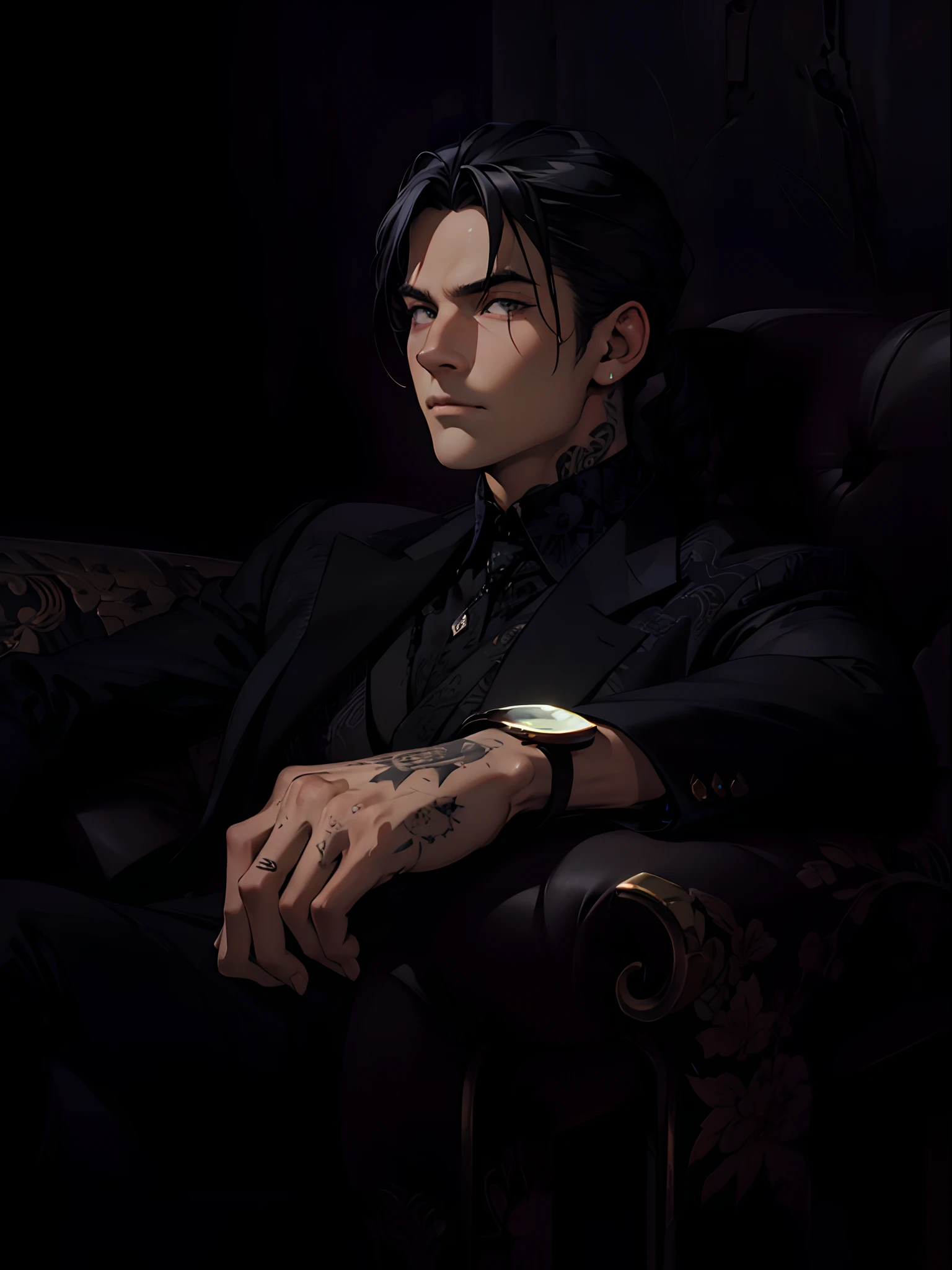 1boy, in his 20s, long black hair, braids, tattoos on his neck, wearing a black suit and shirt, sitting rich businessmen from all over the world, lights, bar-like scenes, colorful, magnificent, master works, super high detail, masterpiece, excellent picture quality, his eyes are resolute, holding red wine