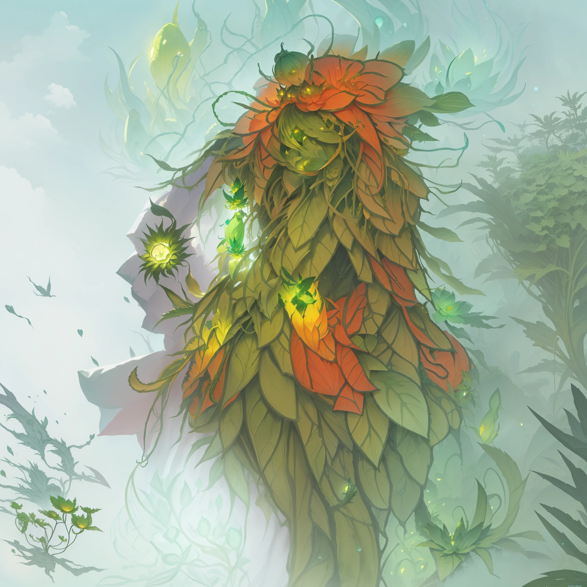 cartoon illustration of a green and yellow monster, a plant monster, plant monster, from pathfinder, a humanoid thistle monster, quirky queen of faes, magical garden plant creatures, from magic the gathering, anthropomorphic cactus, plant spirit, hidden eyes