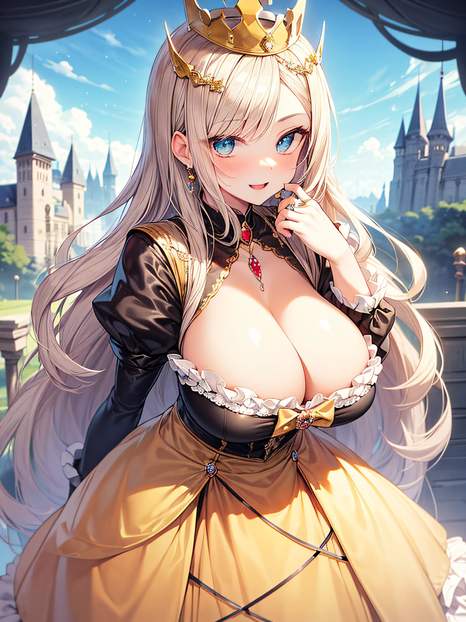 anime artstyle,Masterpiece,(Best Quality), (Super Detail),(Very Delicate and Beautiful),(Solo),((full body portrait)),full body,full body portrait,(detailed face and eyes),jewel-like beautiful eyes,(absolutely gorgeous ruffled rococo ballgown dress decorated with jewels),((((milf,evil queen,adult woman)))),((1 evil queen in a beautiful embroidery and jeweled absolutely gorgeous rococo ballgown dress with voluminous full length hoop skirt)),((Crinoline)),super detailed absolutely gorgeous rococo ballgown dress with frilled voluminous full length hoop skirt,((large amount of straight hair,extremely voluminous Very Long straight Hair,Absolutely Long Straight Hair)),(gigantic boobs),cleavage,(fantasy castle,outdoors,outside the castle),long_gloves,extremely gorgeousfull jeweled hair ornament,bling-bling extremely gorgeousfull jeweled tiara,((luxurious jewelry)),full body portrait