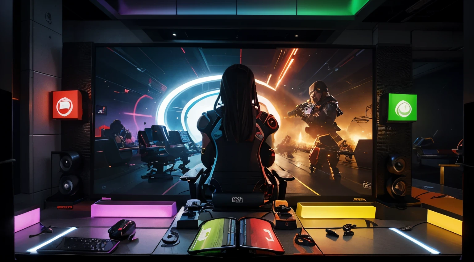 Design an eye-catching YouTube banner for the 'GamingFactsHub' channel that visually communicates the excitement and diversity of video game facts. Incorporate a mix of gaming elements, such as game controllers, consoles, iconic game characters, and snippets of pixel art. Use a dynamic composition that captures the energy of gaming while maintaining a clean and organized layout. Employ a vibrant color scheme that aligns with the gaming theme. The banner should be enticing, informative, and reflective of the channel's dedication to delivering engaging gaming facts.