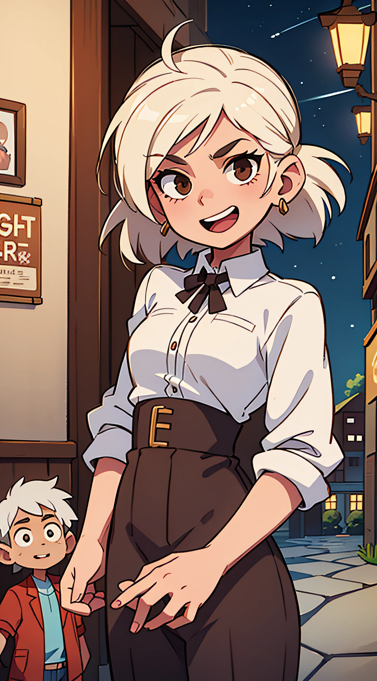 a guy with white hair and a girl with brown hair. joying. Best Quality. Street. the night