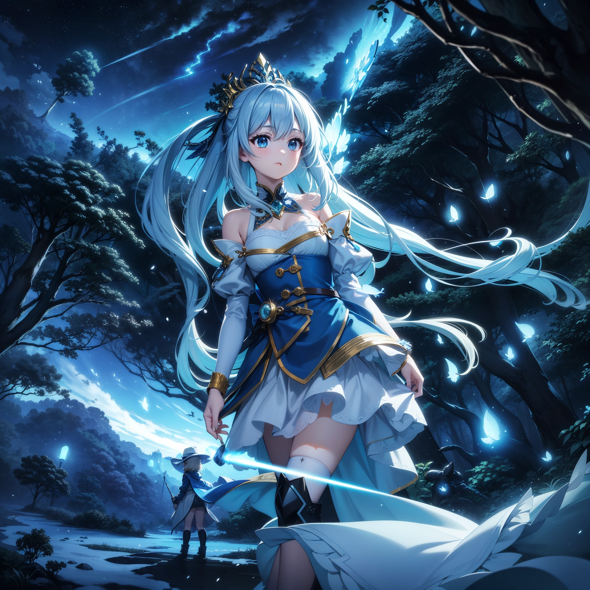 ((ultra-detailliert)), ((Best Illustration)), ((Movie Lighting)), Dynamic Angle, floating, Fine, (The Flash: 1.2), (shine: 1.2), (shine: 1.2), "(Best Quality), Super detailed depiction of a beautiful girl, Light blue long hair、Twin-tailed、Fantasy World、 Fantastic background、Fantasia、Fairy World、In the colorful forest、Surrounded by snow-white owls and vivid vegetation、cinematic colors、Refreshing, Starry sky、Dazzling moonlight