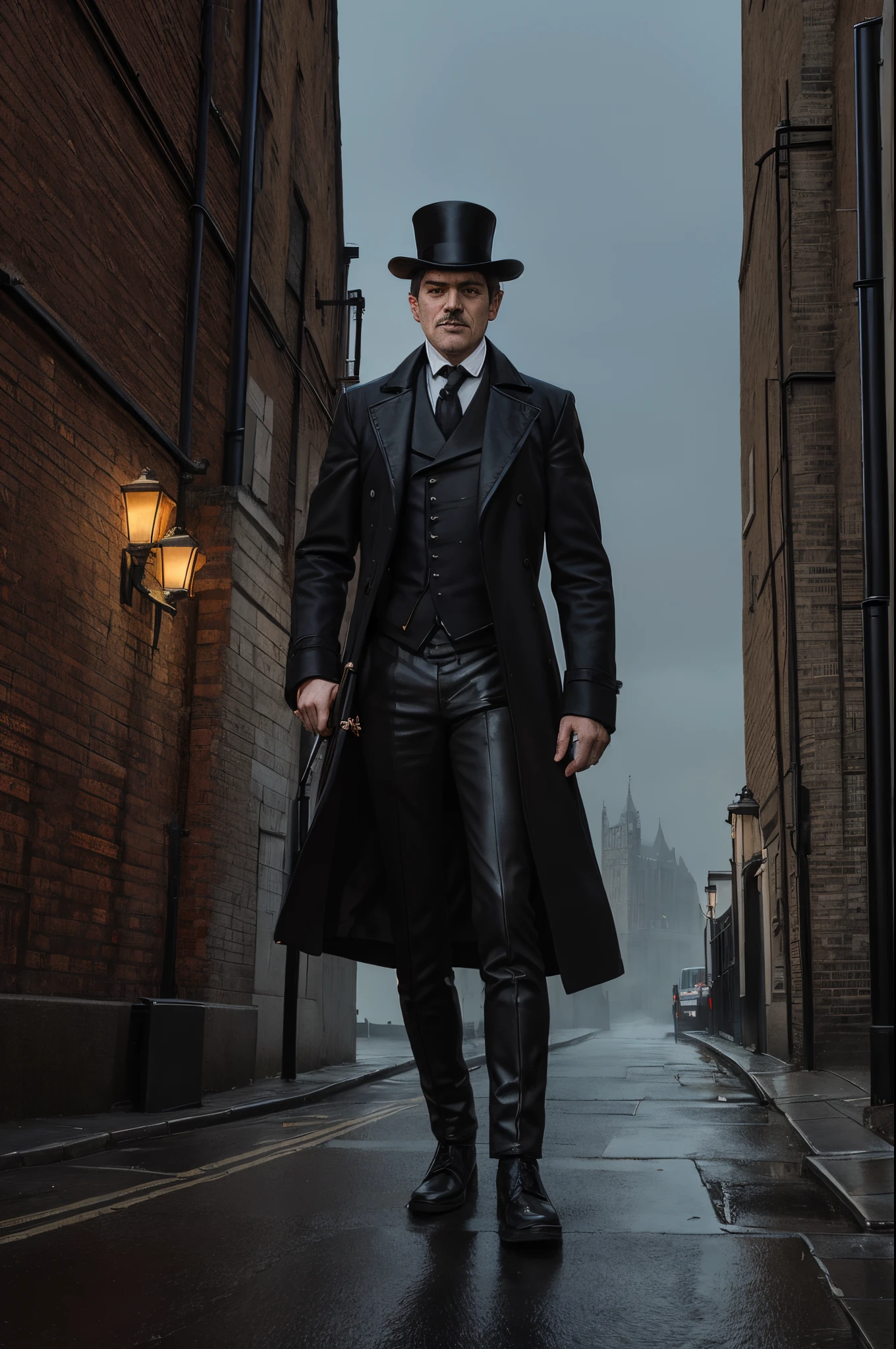 Create a photographer in a dark London street who takes a picture of Jack the Ripper with London fog