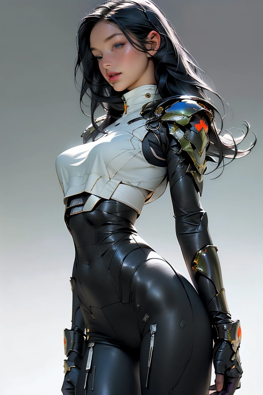 1girl, depth of field, official art, unity 8k wallpaper, ultra detailed, illustration, beautiful and aesthetic, masterpiece, best quality, knight, (big breasts), (milf, mature female), (black armor, armor, breastplate), beautiful face, (long hair, black hair, very straight hair:1.4, hime cut:1.4), blue eyes, cowboy shot, glowing skin, back lighting, athletic figure, muscular female, curvy, wide hips, colorful, looking at viewer, Hyperrealistic, gradient background, dark background, outline, fantasy, from the front, watercolor, traditional media, (chromatic aberration, intricate details)