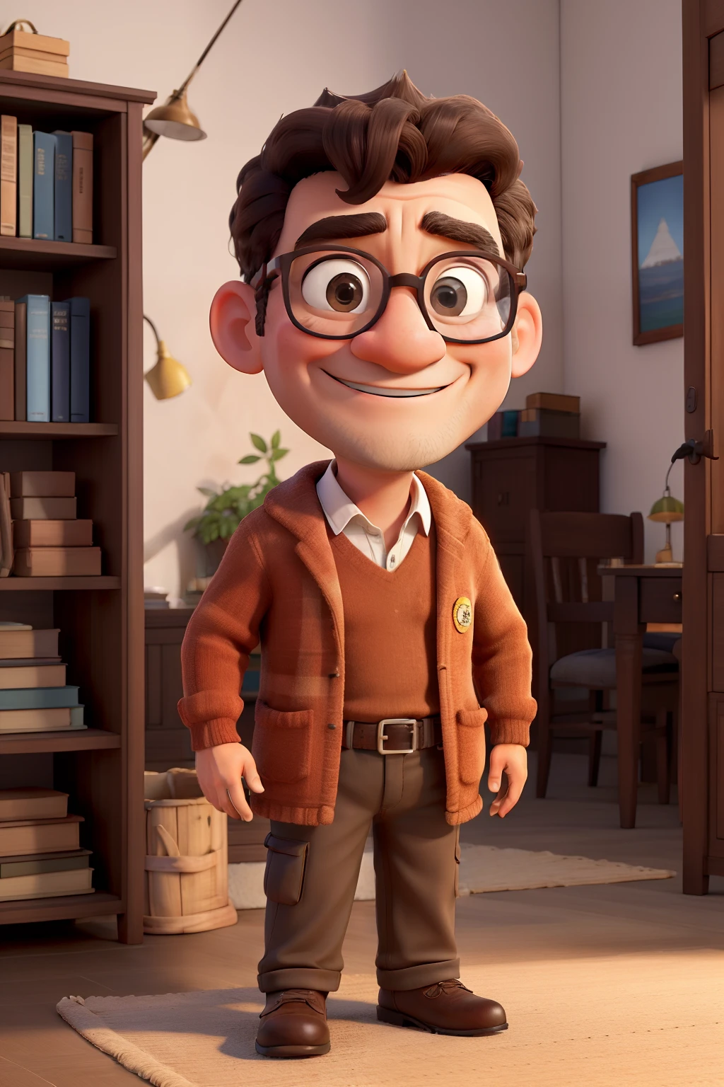 Obra-prima, de melhor qualidade, uma homem com 40 anos, com roupas escuras, wearing large tortoiseshell style glasses, utilizando cavanhaque, cabelo preto cacheado, sentado, olhando nos olhos, em um quarto com uma parede escura ao fundo, with wooden shelf containing decoration, livros e porta retratos