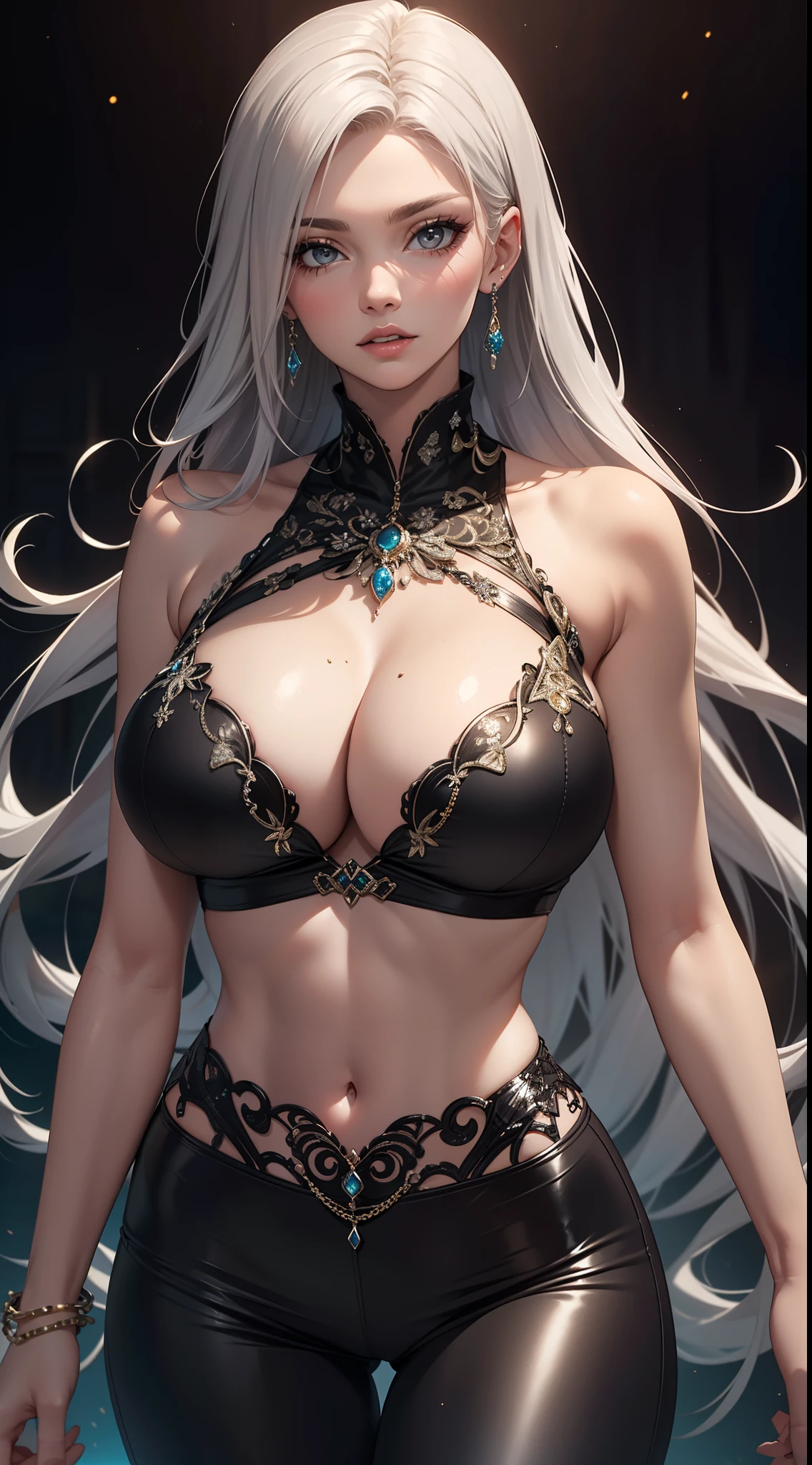 Best quality, masterpiece, realistic, Beautiful sexy cool tall, slim, fit woman, wearing fancy silver-white sequin party top and black pants, intricate and highly detailed, cleavage, long silver hair, body chain, jewelry.