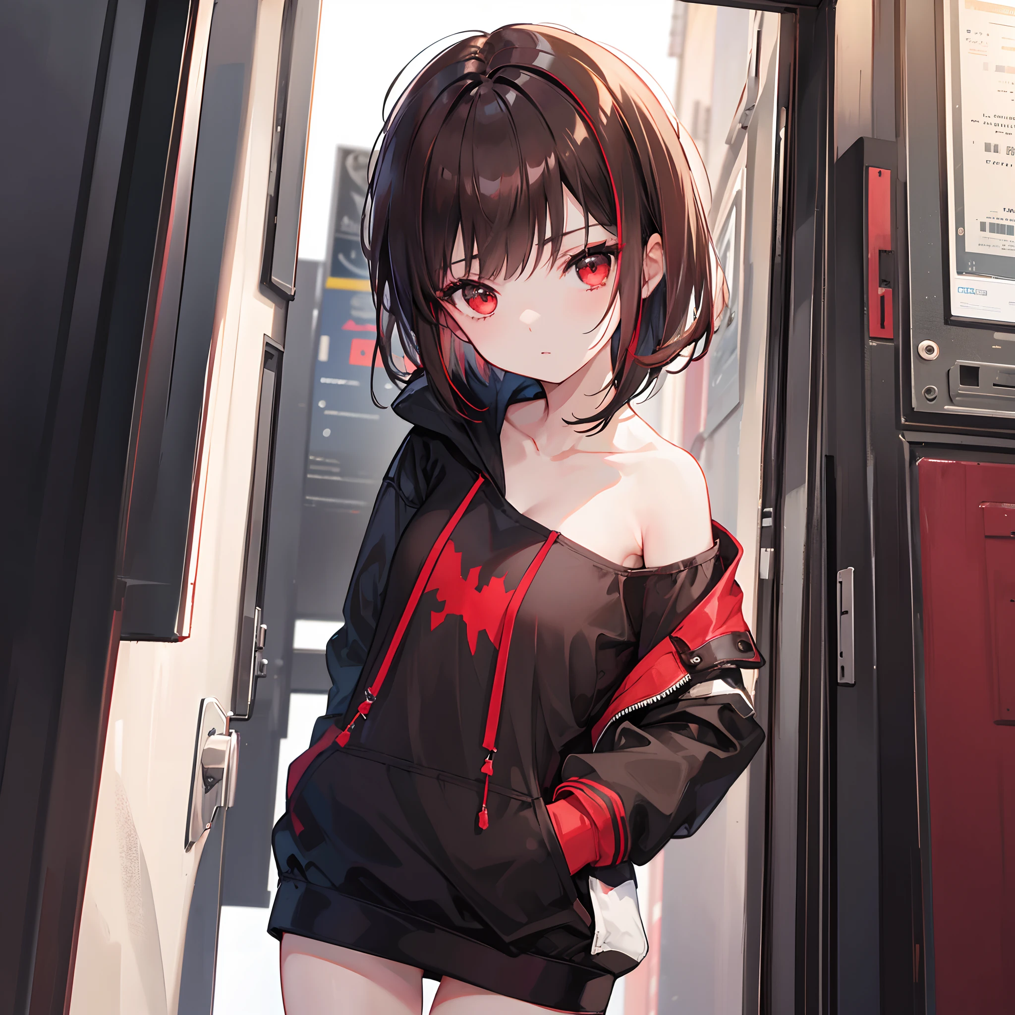 girl, red eyes, brown short hair, black hoddie, beautiful, masterpiece