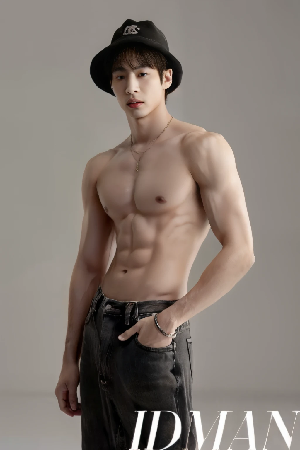 um homem sem camisa, with hat and jeans, posando para uma foto, macho jovem magro, corpo completo extremamente magro, Cai Xukun, Jinyoung Canela, Kim Doyoung, TaeJune Kim, not shirt, modelo masculino, Wonbin Lee, Kim Siwoo, not shirt :: High detail, Sul Coreano Masculino, peito achatado, korean muscle boy 2 1 , Twink