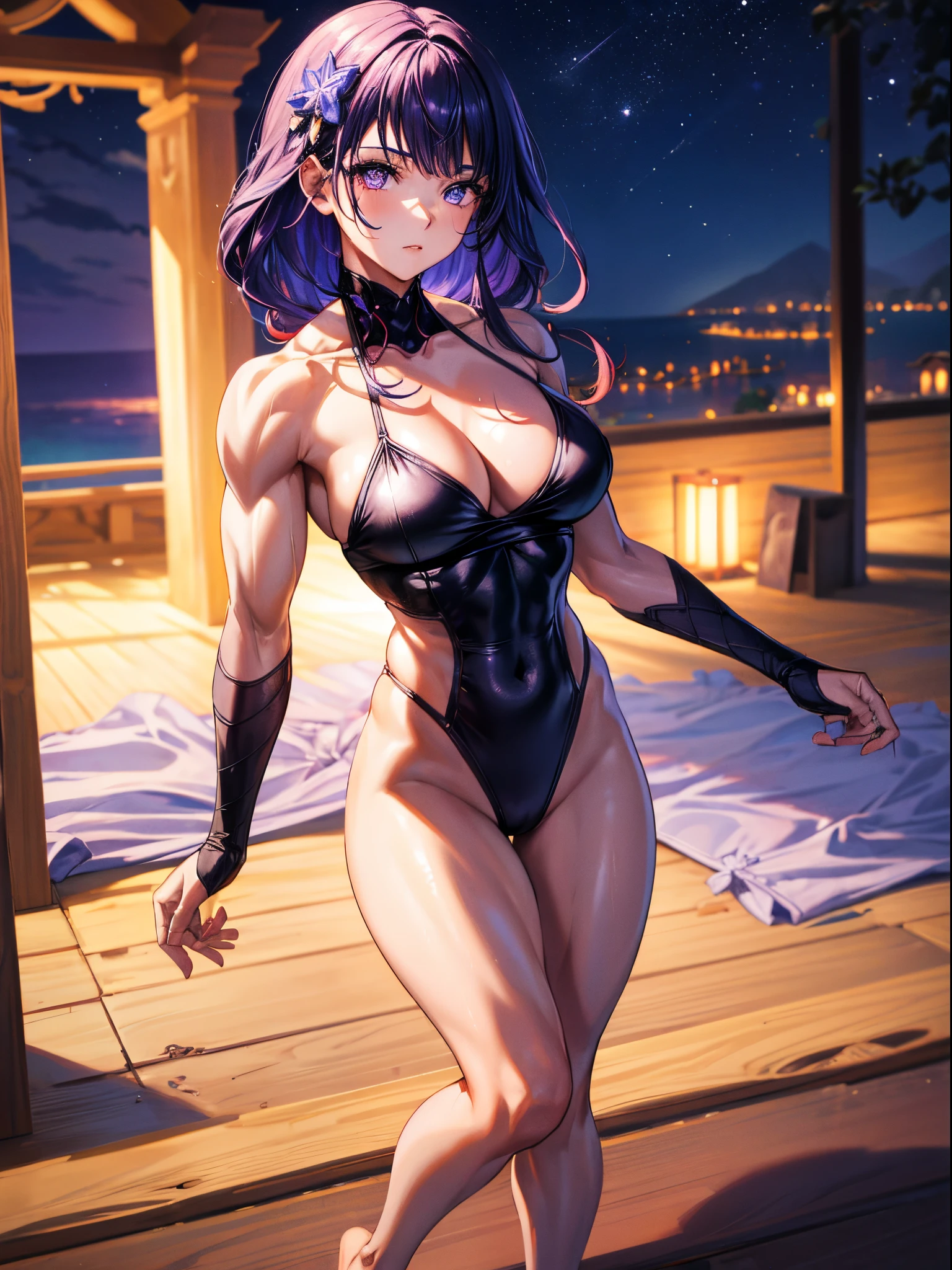 1girl, alone, beautiful, (((muscular thighs))), medium to large breasts, wearing a gradient purple bikini, (on the beach at night with a starry sky and a full moon in the sky), pure eyes, realistic pupils, highly detailed eyes, (((full body photo))), (standing), (barefoot), perfect anatomy, good anatomy, good composition, muscular belly, narrow waist, lubricating skin in the groin area, oily skin, eye reflection, eyes bright, anime, anime style, cinematic lighting, glow, bright light, ray tracing, drop shadow, Sony FE, panorama, UHD, anatomically correct, super details, high details, best quality, high resolution, HD, 16k