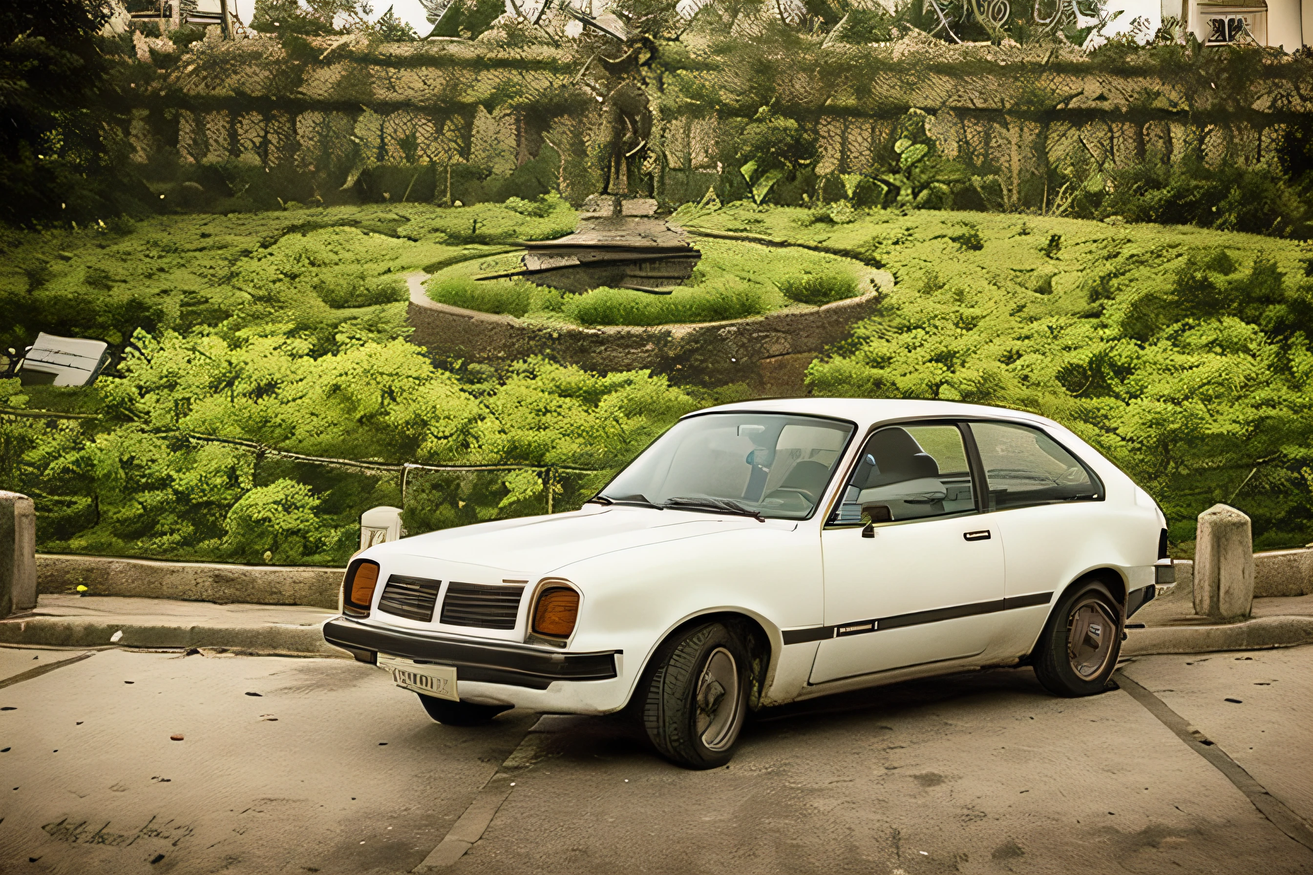 there is a white Chevrolet Chevette parked in a parking lot with a clock in the background, symmetric!, Soviet nostalgia, a head held high, symmetric!!, Directed by: Manuel Franquelo, Directed by: Felipe Seade, A beautiful detailed orisha, um antigo, um elegante, Directed by: Andrei Kolkoutine, tiro de carro, Directed by: Antonin Chittussi, São Paulo