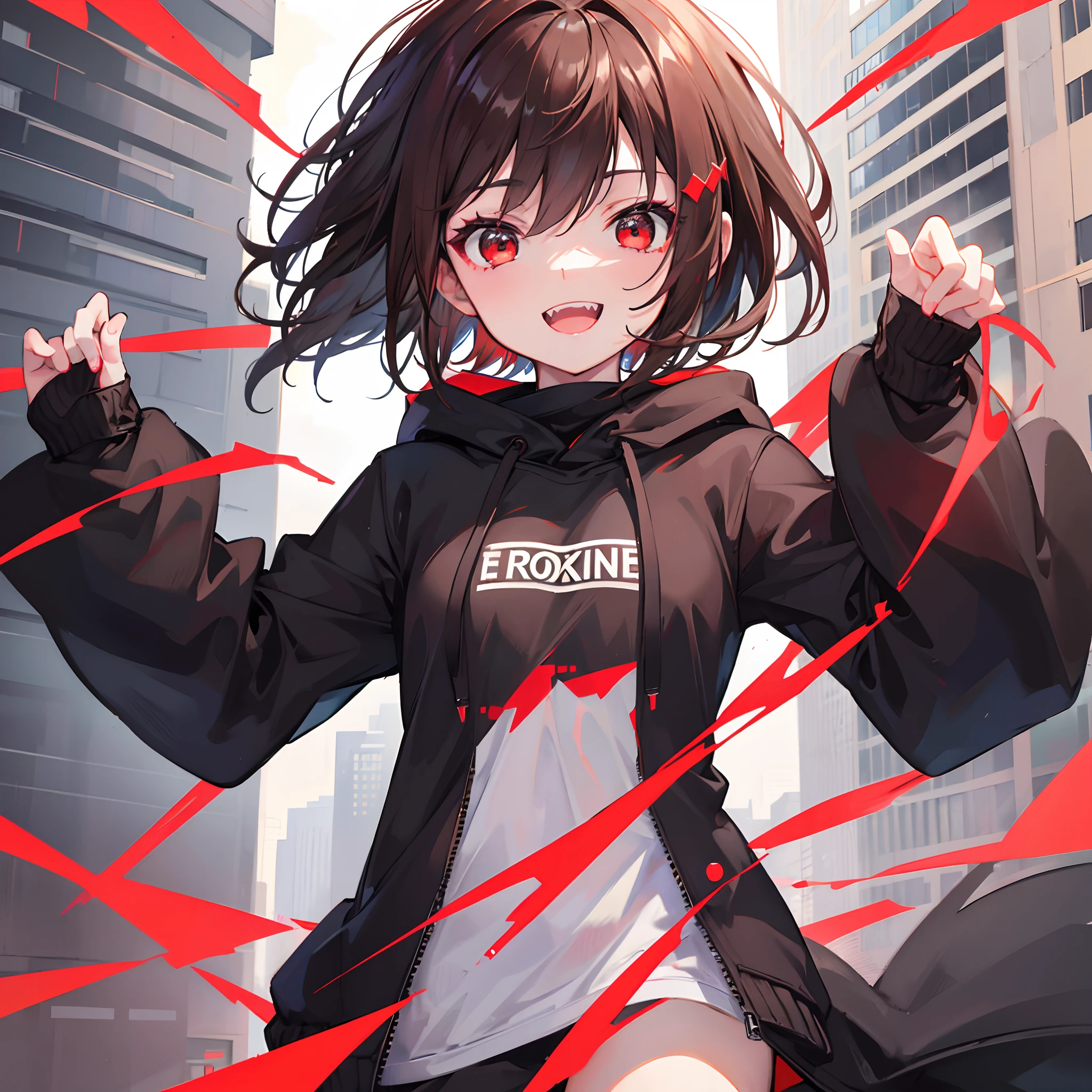 girl, red eyes, brown short hair, black hoddie, beautiful, masterpiece, city, perfect, smiling, sharp teeth, close up, no chest