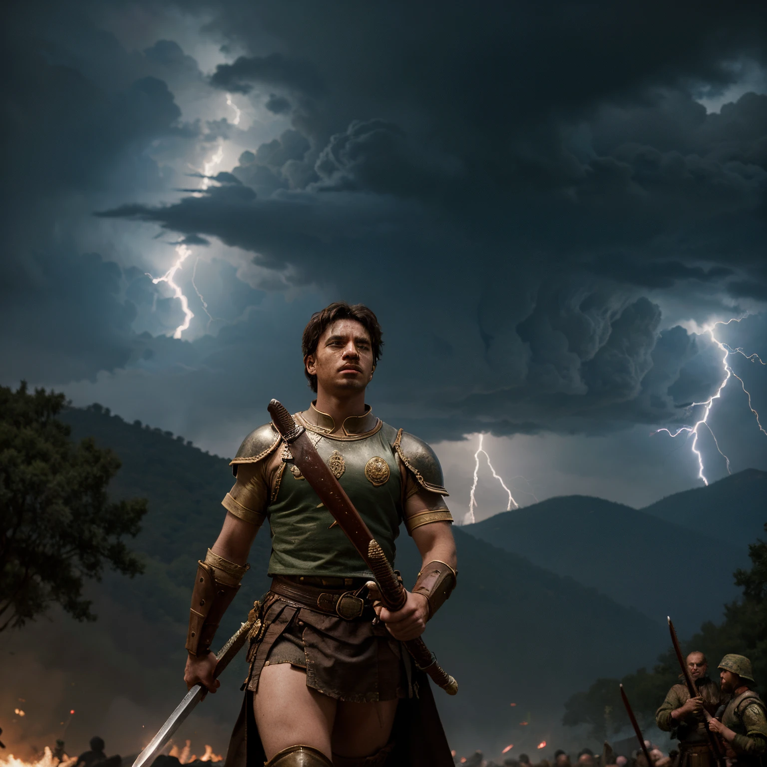 A warrior leader carries a flag to lead an army against a mythological creature with a sword filled with lightning