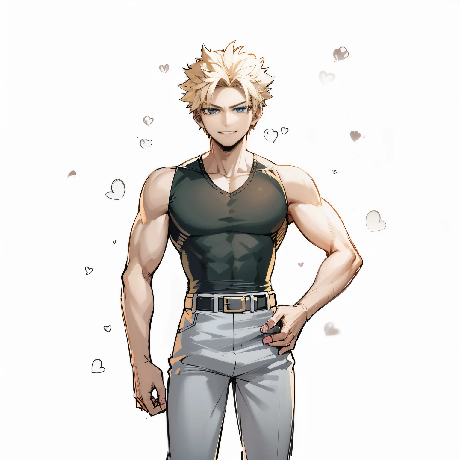 Young man, wearing a black shirt, blond hair, blue eyes, black pants, serious face, smiling, 4k, anime, masterpiece, muscular, boku no hero