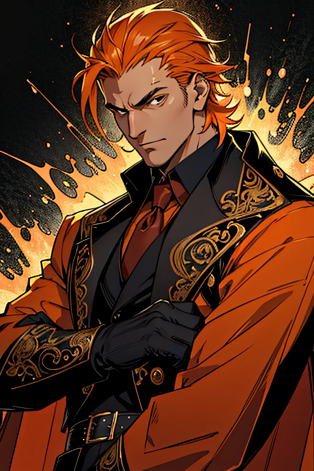 masutepiece, Best Quality, 1 male, Adult, tall muscular, Handsome, finely detailed eyes, Intricate details, (style-swirlmagic:1.0), Solo, Upper body, Detailed background, Detailed face, (Mafia theme:1.1), complex costume, Black Gloves, smug expression, orange color scheme, Shining magic, Dark atmosphere, Realistic lighting, Floating particles, sparks, bloom