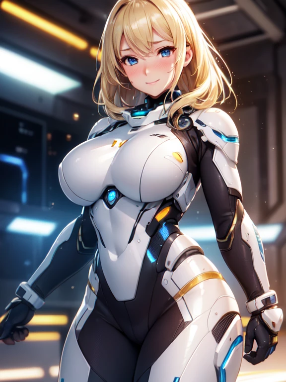 (High quality, High resolution, Fine details, Realistic), Machine Suit, Science fiction, The world of the near future, Solo, Adult Woman, Blonde hair, Sparkling eyes, Detailed eyes, Smile, blush, Large breasts, Sweat, Oily skin, (Dynamic Poses, Motion Blur), Shallow depth of field