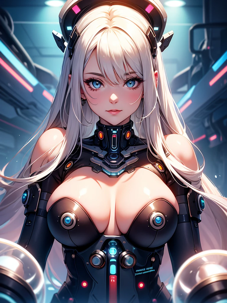 Close-up portrait of head and chest of a cute and cuddly woman, Her breasts are decorated with pneumatic tubes that give her a unique and futuristic look. Highly detailed digital renderings、Captures every aspect of her beauty, From her delicate features to intricate tubes.