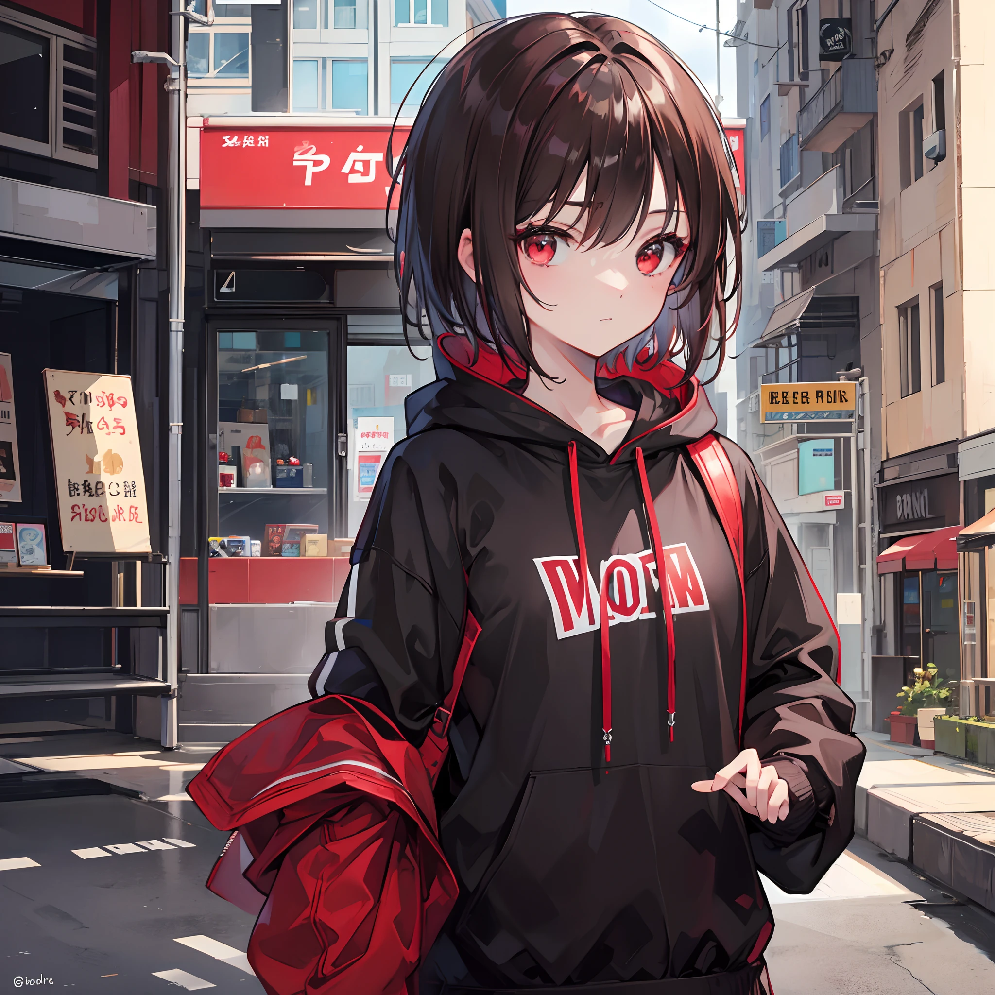 Anime girl in a black hoodie with red eyes and a backpack SeaArt AI