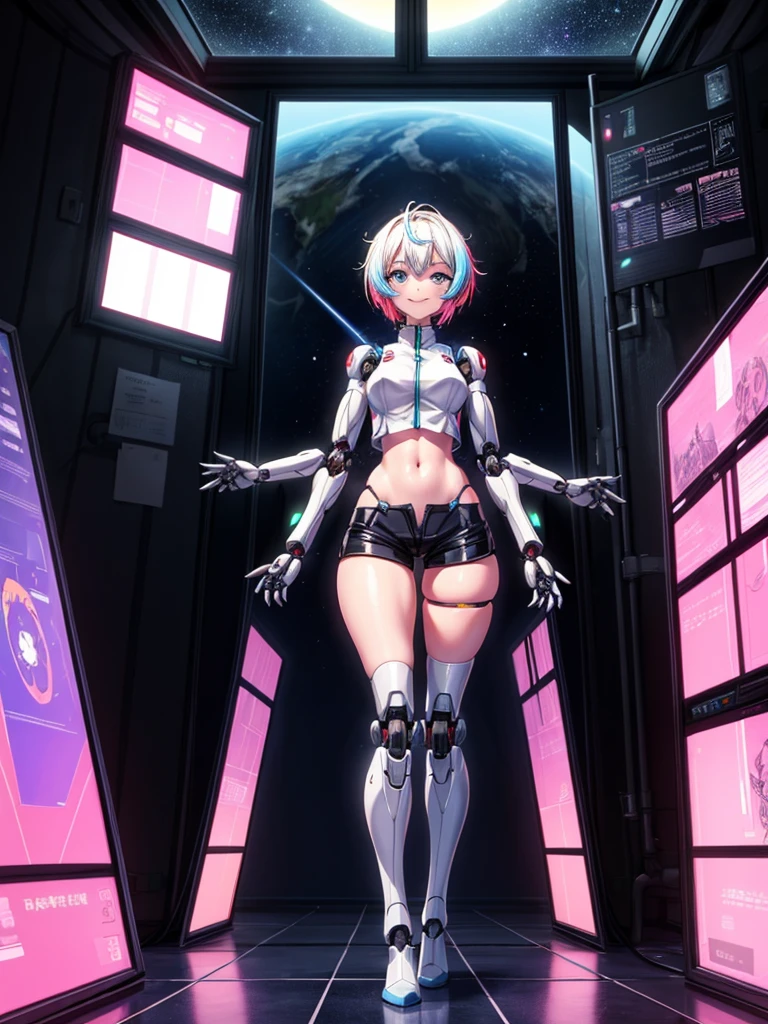 1girl in,Solo, shorth hair,multicolored hair ,Light blue eyes, Curve,Humanoid robot, joints, 机器人, Robot joints, shiny, Shiny skin, thighs thighs thighs thighs, 机器人, Humanoid robot, Robot Girl,Smile, (window:1.4),Science fiction,Short shorts ,sleeveless jacket ,科幻小说 ,factories,Floating monitor,retrowave, (Background space,planet,Sun,Galaxy,Star,Earth),spaceship interior