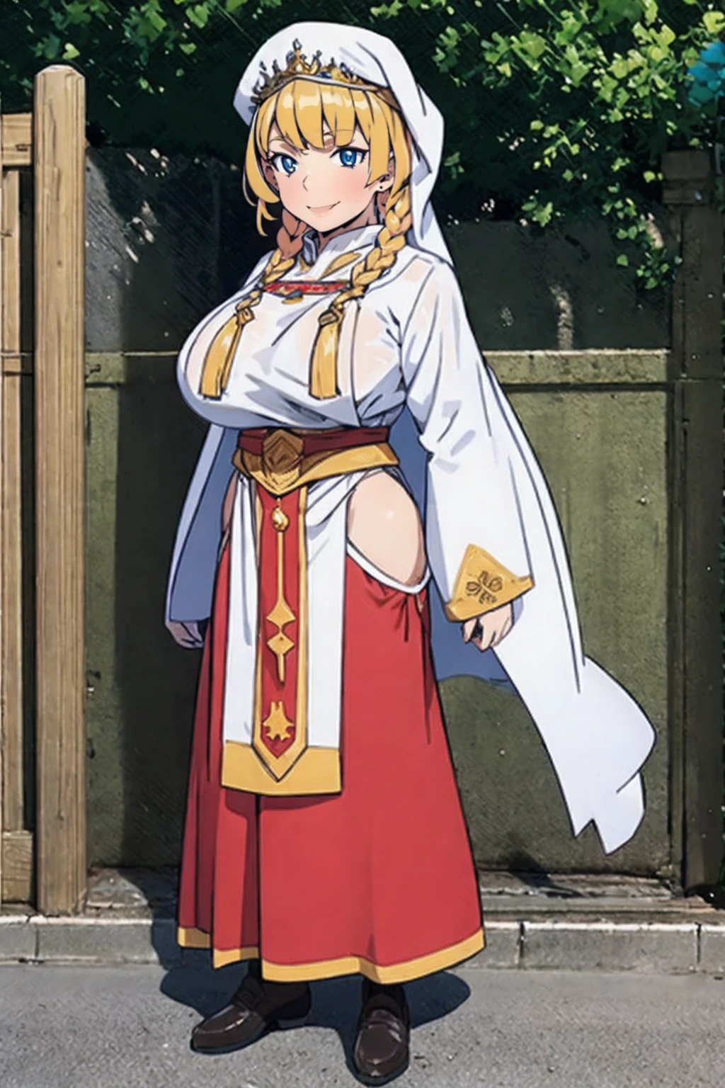 galko,1girl, solo, smile, full body, standing, long skirt, priestess, religious, holy, cute, blush, big breast,tall female, medieval clothing, white veil, tunic, long skirt,