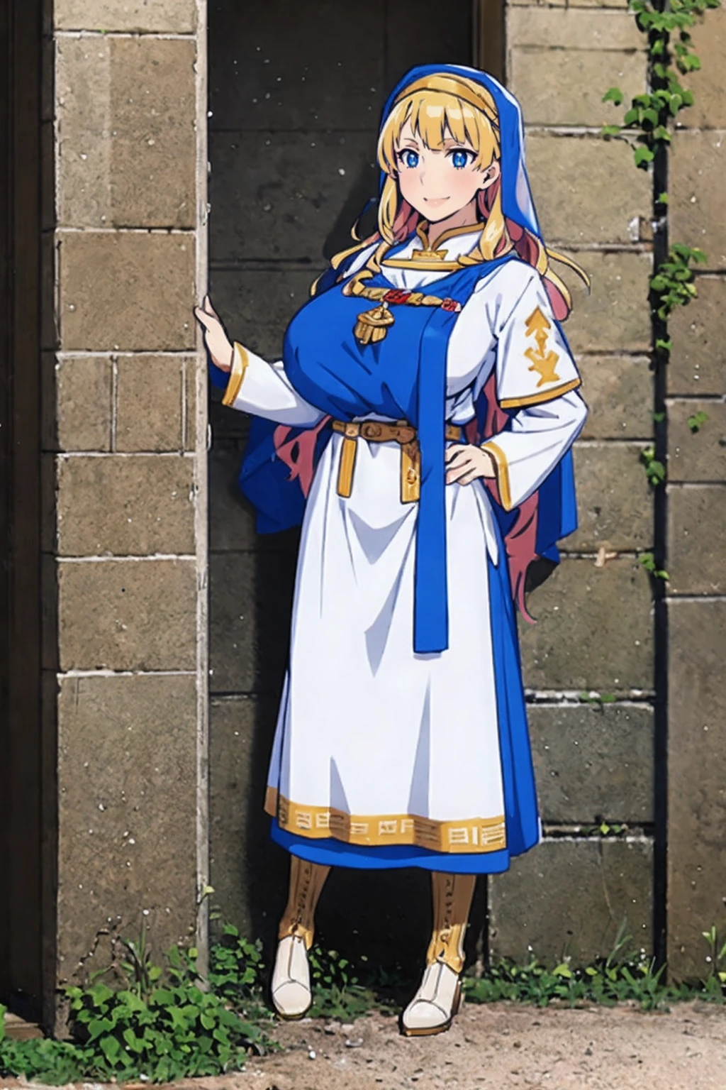 galko,1girl, solo, smile, full body, standing, long skirt, priestess, religious, holy, cute, blush, big breast,tall female, medieval clothing, white veil, tunic, long skirt,boots