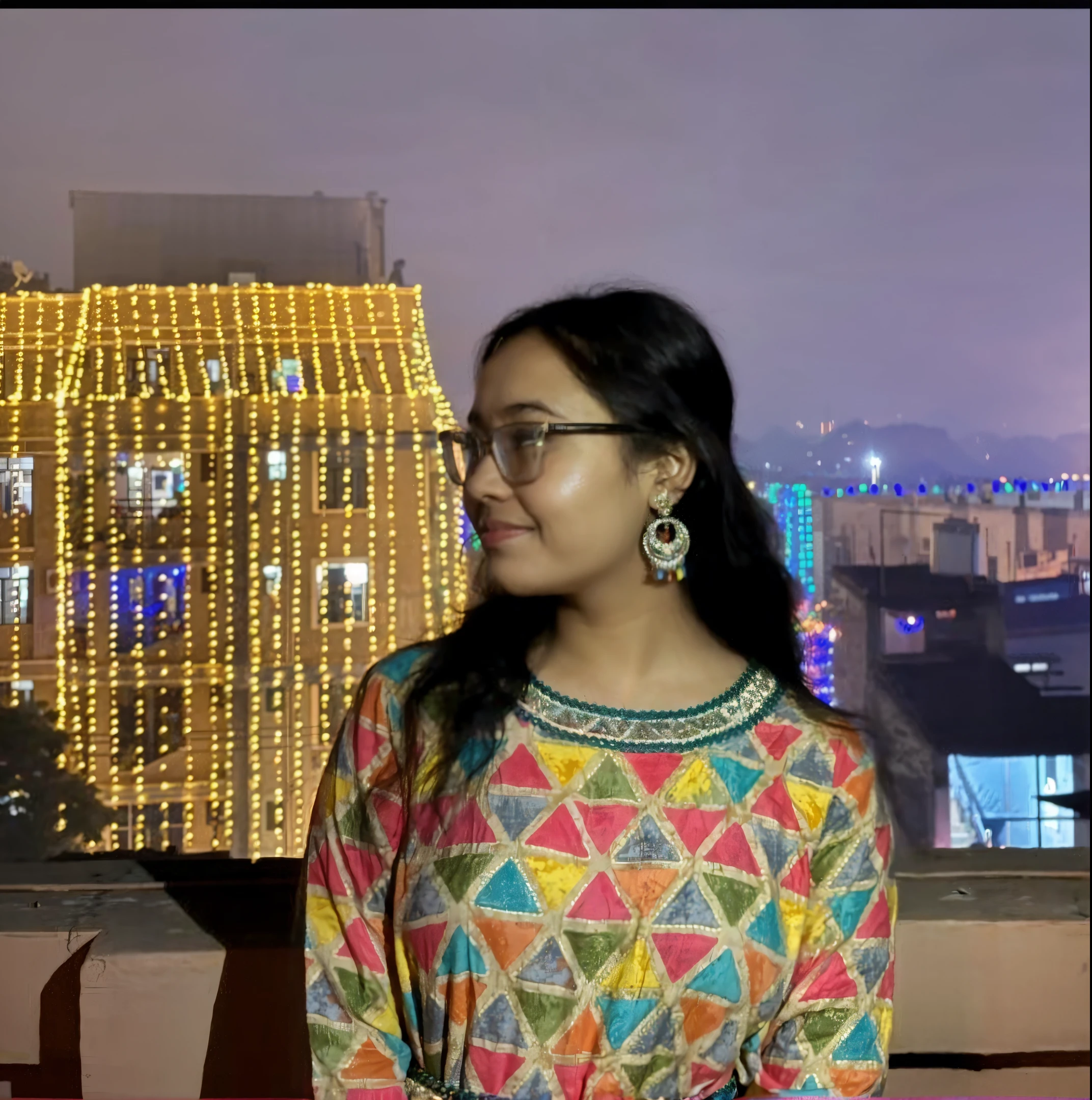 woman in colorful dress standing on a balcony overlooking a city, at evening during rain, at night time, candid picture, with glowing lights at night, bokeh in the background only, very very low quality picture, candid photo, night view, in front of a sci fi cityscape, during night, with a city in the background, photo taken with canon 5d, at nighttime