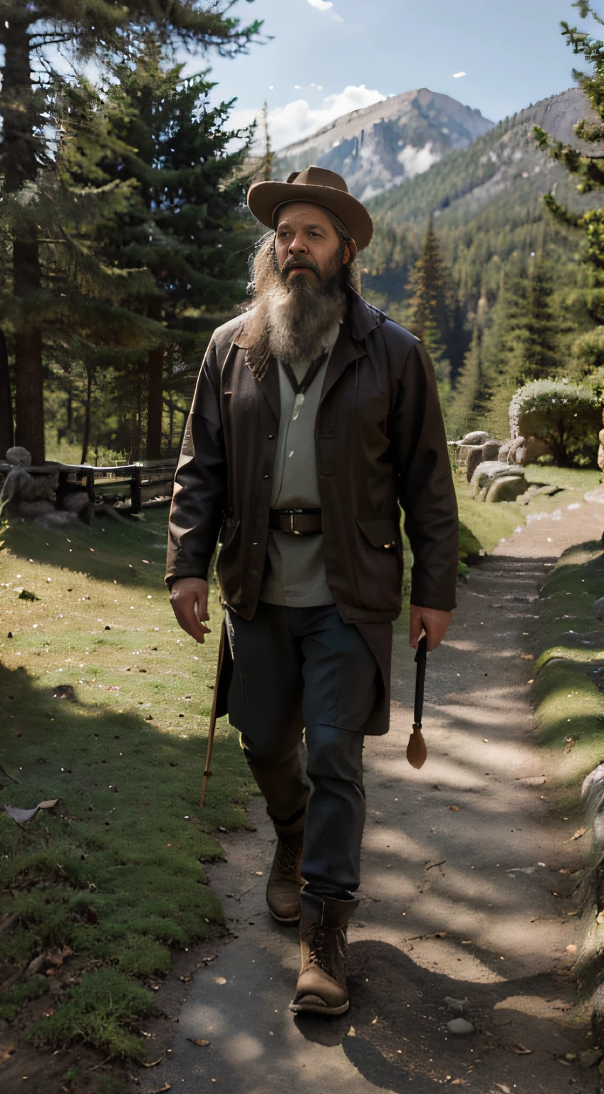 (best quality,4k,8k,highres,masterpiece:1.2),ultra-detailed,(realistic,photorealistic,photo-realistic:1.37),middle-aged man with a beard,walking through the mountain, representing the persevering pilgrim of faith,illustration,forest landscape,impressive sunset lighting,hiking boots,stoic expression,nature lover,hiking backpack,serene atmosphere,crisp mountain air,narrow winding trails,wisdom in his eyes,beard with gray hair,rocky path,peaceful solitude,graceful movement,thoughtful posture,deep sense of purpose,wide-brimmed hat,faint mist,leading staff,a ray of light piercing through the clouds,serene silence,tall trees casting shadows,subtle shades of green and brown,whispering winds,firm footing,overcoming obstacles,persistance in challenging terrain,strength in every step,sun-kissed leaves,dappled sunlight,moss-covered stones,serene mountain lake in the distance,deep connection with nature,spiritual journey,humble pilgrim,inspiring stride,singular destination,enduring faith.