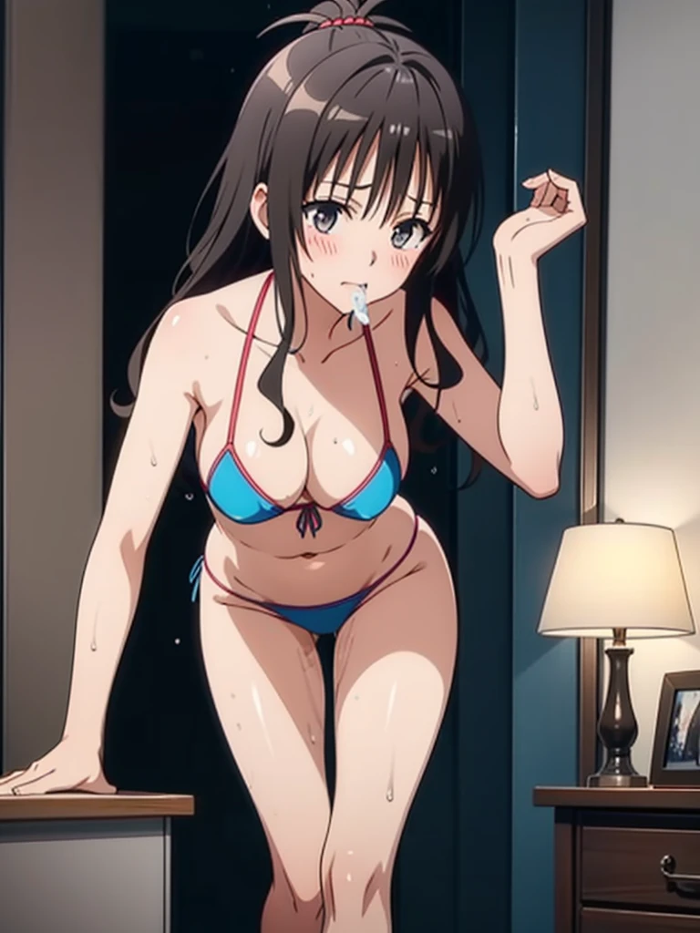 shinkai makoto, kimi no na wa., 1girl, bangs, black hair, brown eyes, waterfall braid, red ribbon, long hair, solo,  blush, looking at the viewer, bedroom, night, swimsuit, bikini, light pink bra, breast, medium breast, light pink panties, masterpiece